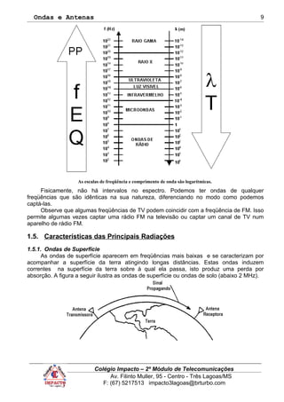 Ondas e Antenas
As escalas de freqüência e comprimento de onda são logarítmicas.
Fisicamente, não há intervalos no espectro. Podemos ter ondas de qualquer
freqüências que são idênticas na sua natureza, diferenciando no modo como podemos
captá-las.
Observe que algumas freqüências de TV podem coincidir com a freqüência de FM. Isso
permite algumas vezes captar uma rádio FM na televisão ou captar um canal de TV num
aparelho de rádio FM.
1.5. Características das Principais Radiações
1.5.1. Ondas de Superfície
As ondas de superfície aparecem em freqüências mais baixas e se caracterizam por
acompanhar a superfície da terra atingindo longas distâncias. Estas ondas induzem
correntes na superfície da terra sobre à qual ela passa, isto produz uma perda por
absorção. A figura a seguir ilustra as ondas de superfície ou ondas de solo (abaixo 2 MHz).
Colégio Impacto – 2º Módulo de Telecomunicações
Av. Filinto Muller, 95 - Centro - Três Lagoas/MS
F: (67) 5217513 impacto3lagoas@brturbo.com
9
 