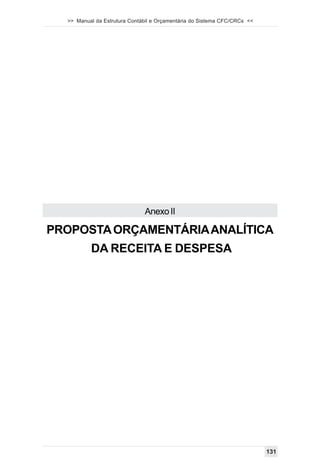 >> Manual da Estrutura Contábil e Orçamentária do Sistema CFC/CRCs <<




                              Anexo II

PROPOSTA ORÇAMENTÁRIA ANALÍTICA
          DA RECEITA E DESPESA




                                                                          131
 