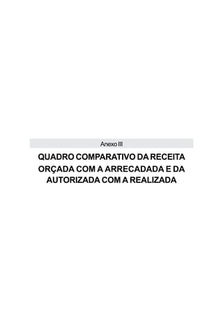Anexo III

QUADRO COMPARATIVO DA RECEITA
ORÇADA COM A ARRECADADA E DA
 AUTORIZADA COM A REALIZADA
 