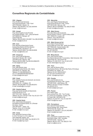 >> Manual da Estrutura Contábil e Orçamentária do Sistema CFC/CRCs <<



Conselhos Regionais de Contabilidade


CRC - Alagoas                                             CRC - Maranhão
Pres. Rivoldo Costa Sarmento                              Pres. José Wagner Rabelo Mesquita
Rua Tereza de Azevedo, 1.526 – Farol                      Praça Gomes de Souza nº 536 – Centro
CEP 57052-600 – Maceió - AL                               CEP 65010-250 - São Luis - MA
Telefone: (82) 338-9444 - Fax: (82) 338-9444              Telefone: (98) 231-4020/0622 - Fax: (98) 231-4020
E-mail: crc@crcal.org.br                                  E-mail: crcma@crcma.org.br

CRC - Amapá                                               CRC - Mato Grosso
Pres. Maria Angélica Corte Pimentel                       Pres. Sílvia Mara Leite Cavalcante
AV. Ernestino Borges, 1.437 – Jesus de Nazaré             Rua 05 Quadra 13 lote 02 - Centro Político ADM
CEP 68908-010 - Macapá - AP                               CEP: 78050-970 - Cuiabá - MT
Caixa Postal 199                                          Telefone - (Fax): (65) 624-2100
Telefone: (96) 223-9503 / 223-2697 - Fax: (96) 223-9504   E-mail: crcmt@crcmt.org.br
E-mail: crcap@uol.com.br
                                                          CRC - Mato Grosso do Sul
CRC - Acre                                                Pres. Odácio Pereira Moreira
Pres. Marcelo do Nascimento França                        Rua Euclides da Cunha, 994 - Jardim dos Estados
Estrada Dias Martins S/N Res Mariana                      CEP 79020-230 - Campo Grande - MS
CEP 69900-000 - Rio Branco - AC                           Telefone: (67) 326-0750/326-7682
Telefone: (68) 227-8038 - Fax: (68) 224-8038              Fax: (67) 326-0750
E-mail: crcac@brturbo.com                                 E-mail: crcms@crcms.org.br

CRC - Amazonas                                            CRC - Minas Gerais
Pres. José Corrêa de Menezes                              Pres. José Francisco Alves
Rua Lobo D’ Almada, 380 – Centro                          Rua Cláudio Manoel, 639 - Funcionários - Belo Horizonte - MG
CEP 69010-030 - Manaus - AM                               Caixa Postal 150 - CEP 30140-100
Telefone:(92) 633-2566 - Fax:(92) 633-2566/2278           Telefone: (31) 3261-6167 - Fax: (31) 261-6167
E-mail:cdp@crcam.org.br                                   E-mail: diretoria@crcmg.org.br

CRC - Bahia                                               CRC - Pará
Pres. Hélio Barreto Jorge                                 Pres. João de Oliveira e Silva
Rua Manoel Carlos Devoto, 320 – Barris                    Rua Avertano Rocha, 392 Entre São Pedro e Pe.Eutique
CEP 40070-110 - Salvador - BA                             CEP 66023-120 - Belém - PA
Telefone: (71) 328-4000/328-2515                          Telefone: (91) 241-7922/223-0817
Fax: (71) 328-4000/328-5552/328-5551                      Fax: (91) 222-7153 Ramal: 5101
E-mail:crcba@crcba.org.br                                 E-mail: crcpa@crcpa.org.br

CRC - Ceará                                               CRC - Paraíba
Pres. Amândio Ferreira dos SantosAv. da Universi-         Pres. José Edinaldo de Lima
dade, 3.057 – Benfica                                     Rua Rodrigues de Aquino, 208 – Centro
CEP 60020-181 – Fortaleza - CE                            CEP 58013-030 – João Pessoa - PB
Telefone: (85) 455-2900 - Fax: (85) 455-2913              Telefone: (83) 222-1313/222-1315/5405
E-mail: conselho@crc-ce.org.br                            Fax: (83) 221-3714
                                                          E-mail:crcpb@crcpb.org.br
CRC - Distrito Federal
Pres.José Tarcílio Carvalho do Nascimento                 CRC - Paraná
SCRS 503 Bl. B lj.31-33                                   Pres. Nelson Zafra
CEP 70331-520 - Brasília - DF                             Rua Lourenço Pinto, 196 - 1º ao 4º andar
Telefone: (61) 321-1757/321-7105 - Fax: (61) 321-1747     Ed. Centro do Contabilista - Curitiba - PR
E-mail:crcdf@crcdf.org.br                                 Cx Postal 1480 - CEP 80010-160
                                                          Telefone: (41) 232-7911 - Fax: (41) 232-7911
CRC - Espírito Santo                                      Email: crcpr@crcpr.org.br
Pres. José Américo Bourguignon
Rua Alberto de Oliveira Santos, 42 - 20ºandar
                                                          CRC - Pernambuco
Ed. Ames – Centro
                                                          Pres. Genival Ferreira da Silva
CEP 29010-901 – Vitória – ES
                                                          Rua do Sossego, 693 - Santo Amaro
Telefone - (Fax): (27) 3132-2062
                                                          CEP 50100-150 - Recife - PE
E-mail: crces@crc-es.org.br
                                                          Telefone: (81) 3423-6011 - Fax: (81) 3423-6011
                                                          Email: crcpe@crcpe.org.br
CRC - Goiás
Pres. Alexandre Francisco e Silva
                                                          CRC - Piauí
R. 107 nº 151 Qd. F Lt. 21 E - Setor Sul
                                                          Pres. José Raulino Castelo Branco Filho
CEP 74085-060 Goiânia - GO
                                                          Rua Pedro Freitas, 1000 - Vermelha
Tel: (62) 281-2211/281-2508 - Fax: (62) 281-2170
                                                          CEP 64018-000 - Teresina - PI
E-mail: crcgo@crcgo.org.br
                                                          Telefone: (86) 221-7531 - Fax: (86) 221-7161
                                                          Email: crc-pi@uol.com.br




                                                                                                              199
 