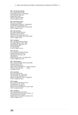 >> Manual da Estrutura Contábil e Orçamentária do Sistema CFC/CRCs <<



CRC - Rio Grande do Norte
Pres. Jucileide Ferreira Leitão
Rua Princesa Isabel, 815 - Cidade Alta
CEP 59025-400 - Natal - RN
Telefone: (84) 211-8512
Fax: (84) 211-8512/211-8505
Email: crcrn@crcrn.org.br

CRC - Rio Grande do Sul
Pres. Enory Luiz Spinelli
Rua Baronesa do Gravataí, 471 - Cidade Baixa
CEP 90160-070 - Porto Alegre - RS
Telefone: (51) 3228-7999 - Fax: (51) 3228-7999
Email: crcrs@crcrs.org.br

CRC - Rio de Janeiro
Pres. Nelson Monteiro da Rocha
Praça Pio X, 78, 8º/10º andar
CEP 20091-040 – Rio de Janeiro - RJ
Telefone: (21) 2216-9595 - Fax: (21) 2516-0878
E-mail: crcrj@crcrj.org.br

CRC - Rondônia
Pres. João Altair Caetano dos Santos
Rua Joaquim Nabuco, 2.875 – Olaria
CEP 78902-450 – Porto Velho - RO
Telefone: (69) 224-6454
Fax: (69) 224-6625
E-mail: crcro@crcro.org.br

CRC – Roraima
Pres. Francisco Fernandes de Oliveira
Rua Major Manoel Correia, 372 –
São Francisco - Boa Vista - RR
CEP 69305-100
Telefone: (95) 623-1457 - Fax: (95) 623-1457
E-mail: crcrr@technet.com.br

CRC - Santa Catarina
Pres. Juarez Domingues Carneiro Rua Osvaldo
Rodrigues Cabral, 1.900
Centro – Florianópolis - SC
Caixa Postal 76 - CEP 88015-710 Telefone: (48) 3027-
7000 - Fax: (48) 3027-7002      E-mail:
crcsc@crcsc.org.br

CRC - São Paulo
Pres. Pedro Ernesto Fabri
Rua Rosa e Silva, 60 – Higienópolis
CEP 01230-909 - São Paulo - SP
Telefone: (11) 3824-5400 - Fax: (11) 3662-0035
E-mail: crcsp@crcsp.org.br

CRC - Sergipe
Pres. Carlos Henrique Menezes Lima
Rua Itaporanga, 103 – Centro
CEP 49010-140 - Aracaju - SE
Telefone: (79) 211-6812/6805 - Fax: (79) 211-2650
Email: crcse@crcse.org.br

CRC - Tocantins
Pres. Sebastião Célio Costa Castro
Qd.103 Sul, R S07 nº 9 B - Centro - Palmas - TO
Cx Postal 1003 - CEP 77163-010
Telefone: (63) 215-1412/3594 -Fax: (63) 215-1412
Email: crc-to@uol.com.br




200
 