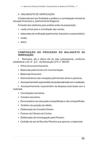 >> Manual da Estrutura Contábil e Orçamentária do Sistema CFC/CRCs <<




    4 – BALANCETE DE VERIFICAÇÃO
     O balancete tem por finalidade a análise e a constatação mensal da
situação financeira e patrimonial do Regional.
    Emissão dos relatórios para análise antes da preparação:
    ! razão inicial para a conciliação das contas;

    ! balancetes de verificação (patrimonial, financeiro e orçamentário);

    ! razão;
    ! diário.



    COMPOSIÇÃO DO PROCESSO DO BALANCETE DE
    VERIFICAÇÃO:
    !   Remessa: até o último dia do mês subseqüente, conforme
estabelece o art. 6°, § 2°, da Resolução CFC n° 960/03.
    ! Ofício de encaminhamento.
    ! Balancete patrimonial com movimentação.
    ! Balancete financeiro.
    ! Demonstrativos das variações patrimoniais ativas e passivas.
    ! Acompanhamento orçamentário da receita estimada com a realizada.
      ! Acompanhamento orçamentário da despesa autorizada com a
realizada.
    ! Conciliações bancárias.
    ! Extratos bancários.
    ! Demonstrativo da cota-parte compartilhada e não-compartilhada.
    ! Sintético da posição de débito.
    ! Deliberação do Conselho Diretor.
    ! Parecer da Câmara de Contas.
    ! Deliberação da homologação pelo Plenário.
    ! Certidão da ata da Reunião Plenária que aprovou o balancete.




                                                                               25
 