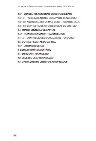>> Manual da Estrutura Contábil e Orçamentária do Sistema CFC/CRCs <<



     2.3.1- CONSELHOS REGIONAIS DE CONTABILIDADE
     2.3.1.01- PARCELAMENTO DE COTA-PARTE CONCEDIDO
     2.3.1.02- AQUISIÇÃO, REFORMA E CONSTRUÇÃO DE SEDE
     2.3.1.03- EMPRÉSTIMOS PARA DESPESAS DE CUSTEIO
     2.4- TRANSFERÊNCIAS DE CAPITAL
     2.4.1- TRANSFERÊNCIAS INTRACONSELHOS
     2.4.1.01- CONTRIBUIÇÕES E/OU AUXÍLIOS – CFC/CRCs
     2.5- OUTRAS RECEITAS DE CAPITAL
     2.5.1- OUTRAS RECEITAS
     9- EQUILÍBRIO ORÇAMENTÁRIO
     9.1- SUPERÁVIT FINANCEIRO
     9.2- EXCESSO DE ARRECADAÇÃO
     9.3- OPERAÇÕES DE CRÉDITOS AUTORIZADOS




48
 