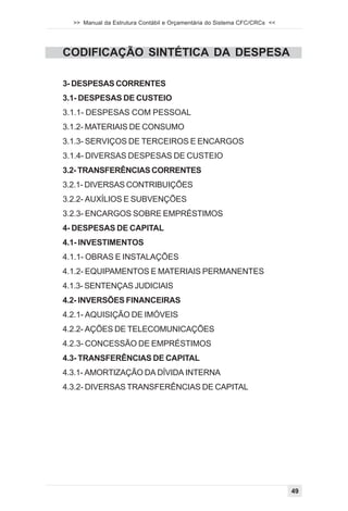 >> Manual da Estrutura Contábil e Orçamentária do Sistema CFC/CRCs <<




CODIFICAÇÃO SINTÉTICA DA DESPESA

3- DESPESAS CORRENTES
3.1- DESPESAS DE CUSTEIO
3.1.1- DESPESAS COM PESSOAL
3.1.2- MATERIAIS DE CONSUMO
3.1.3- SERVIÇOS DE TERCEIROS E ENCARGOS
3.1.4- DIVERSAS DESPESAS DE CUSTEIO
3.2- TRANSFERÊNCIAS CORRENTES
3.2.1- DIVERSAS CONTRIBUIÇÕES
3.2.2- AUXÍLIOS E SUBVENÇÕES
3.2.3- ENCARGOS SOBRE EMPRÉSTIMOS
4- DESPESAS DE CAPITAL
4.1- INVESTIMENTOS
4.1.1- OBRAS E INSTALAÇÕES
4.1.2- EQUIPAMENTOS E MATERIAIS PERMANENTES
4.1.3- SENTENÇAS JUDICIAIS
4.2- INVERSÕES FINANCEIRAS
4.2.1- AQUISIÇÃO DE IMÓVEIS
4.2.2- AÇÕES DE TELECOMUNICAÇÕES
4.2.3- CONCESSÃO DE EMPRÉSTIMOS
4.3- TRANSFERÊNCIAS DE CAPITAL
4.3.1- AMORTIZAÇÃO DA DÍVIDA INTERNA
4.3.2- DIVERSAS TRANSFERÊNCIAS DE CAPITAL




                                                                          49
 