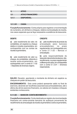 >> Manual da Estrutura Contábil e Orçamentária do Sistema CFC/CRCs <<



5.               ATIVO
5.1              ATIVO FINANCEIRO
5.1.1            DISPONÍVEL


5.1.1.01         CAIXA
Função/funcionamento: Conta própria para registrar a movimentação
do numerário, em dinheiro e cheques, relativo à arrecadação da receita,
nos casos especiais que se faça necessária a existência de tesouraria.


DEBITE                                         CREDITE
a) pelo recebimento de valor, do               a) pelo recolhimento do produto da
contabilista, em espécie ou cheque             arrecadação ao(s) banco(s)
relativo à receita orçamentária, em            arrecadador(es),      no     prazo
contrapartida com as contas de                 regulamentar, em contrapartida com
receita orçamentária;                          a conta 5.1.1.03 – Bancos c/
                                               arrecadação;
                                               b) pela responsabilidade do
b) pelo recebimento de valor ou
                                               tesoureiro decorrente de alcance, não-
cheque, do contabilista, referente à
                                               recolhimento, no prazo regulamentar
receita extra-orçamentária, em
                                               e diferença de caixa, em contrapartida
contrapartida com a conta 6.1.1.02
                                               com a conta 5.1.3.01 – Diversos
– Depósitos de diversas origens.
                                               responsáveis.




SALDO: Devedor, apontando o montante de dinheiro em espécie ou
cheques em poder da tesouraria.
ENCERRAMENTO: Esta conta poderá apresentar saldo no final do
exercício, devendo ser recolhidos ao(s) banco(s) arrecadador(es), até o
último dia útil do exercício financeiro, os valores em moedas e cheques
existentes na tesouraria.

5.1.1.02         BANCOS CONTA MOVIMENTO
Função/funcionamento: Conta destinada ao registro da movimentação
financeira em conta-corrente bancária da autarquia proveniente do
recolhimento da arrecadação da receita orçamentária e extra-orçamentária,


58
 