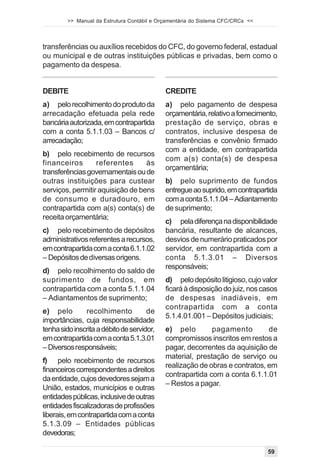 >> Manual da Estrutura Contábil e Orçamentária do Sistema CFC/CRCs <<




transferências ou auxílios recebidos do CFC, do governo federal, estadual
ou municipal e de outras instituições públicas e privadas, bem como o
pagamento da despesa.


DEBITE                                       CREDITE
a) pelo recolhimento do produto da           a) pelo pagamento de despesa
arrecadação efetuada pela rede               orçamentária, relativo a fornecimento,
bancária autorizada, em contrapartida        prestação de serviço, obras e
com a conta 5.1.1.03 – Bancos c/             contratos, inclusive despesa de
arrecadação;                                 transferências e convênio firmado
                                             com a entidade, em contrapartida
b) pelo recebimento de recursos
                                             com a(s) conta(s) de despesa
financeiros       referentes      às
                                             orçamentária;
transferências governamentais ou de
outras instituições para custear             b) pelo suprimento de fundos
serviços, permitir aquisição de bens         entregue ao suprido, em contrapartida
de consumo e duradouro, em                   com a conta 5.1.1.04 – Adiantamento
contrapartida com a(s) conta(s) de           de suprimento;
receita orçamentária;
                                             c) pela diferença na disponibilidade
c) pelo recebimento de depósitos             bancária, resultante de alcances,
administrativos referentes a recursos,       desvios de numerário praticados por
em contrapartida com a conta 6.1.1.02        servidor, em contrapartida com a
– Depósitos de diversas origens.             conta 5.1.3.01 – Diversos
                                             responsáveis;
d) pelo recolhimento do saldo de
suprimento de fundos, em                     d) pelo depósito litigioso, cujo valor
contrapartida com a conta 5.1.1.04           ficará à disposição do juiz, nos casos
– Adiantamentos de suprimento;               de despesas inadiáveis, em
                                             contrapartida com a conta
e) pelo        recolhimento           de
                                             5.1.4.01.001 – Depósitos judiciais;
importâncias, cuja responsabilidade
tenha sido inscrita a débito de servidor,    e) pelo        pagamento         de
em contrapartida com a conta 5.1.3.01        compromissos inscritos em restos a
– Diversos responsáveis;                     pagar, decorrentes da aquisição de
                                             material, prestação de serviço ou
f) pelo recebimento de recursos
                                             realização de obras e contratos, em
financeiros correspondentes a direitos
                                             contrapartida com a conta 6.1.1.01
da entidade, cujos devedores sejam a
                                             – Restos a pagar.
União, estados, municípios e outras
entidades públicas, inclusive de outras
entidades fiscalizadoras de profissões
liberais, em contrapartida com a conta
5.1.3.09 – Entidades públicas
devedoras;

                                                                                 59
 