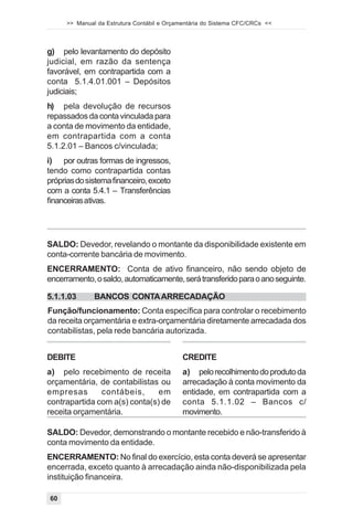 >> Manual da Estrutura Contábil e Orçamentária do Sistema CFC/CRCs <<



g) pelo levantamento do depósito
judicial, em razão da sentença
favorável, em contrapartida com a
conta 5.1.4.01.001 – Depósitos
judiciais;
h) pela devolução de recursos
repassados da conta vinculada para
a conta de movimento da entidade,
em contrapartida com a conta
5.1.2.01 – Bancos c/vinculada;
i) por outras formas de ingressos,
tendo como contrapartida contas
próprias do sistema financeiro, exceto
com a conta 5.4.1 – Transferências
financeiras ativas.




SALDO: Devedor, revelando o montante da disponibilidade existente em
conta-corrente bancária de movimento.
ENCERRAMENTO: Conta de ativo financeiro, não sendo objeto de
encerramento, o saldo, automaticamente, será transferido para o ano seguinte.

5.1.1.03       BANCOS CONTA ARRECADAÇÃO
Função/funcionamento: Conta específica para controlar o recebimento
da receita orçamentária e extra-orçamentária diretamente arrecadada dos
contabilistas, pela rede bancária autorizada.


DEBITE                                       CREDITE
a) pelo recebimento de receita               a) pelo recolhimento do produto da
orçamentária, de contabilistas ou            arrecadação à conta movimento da
empresas       contábeis,      em            entidade, em contrapartida com a
contrapartida com a(s) conta(s) de           conta 5.1.1.02 – Bancos c/
receita orçamentária.                        movimento.

SALDO: Devedor, demonstrando o montante recebido e não-transferido à
conta movimento da entidade.
ENCERRAMENTO: No final do exercício, esta conta deverá se apresentar
encerrada, exceto quanto à arrecadação ainda não-disponibilizada pela
instituição financeira.

60
 