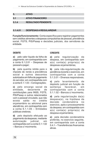>> Manual da Estrutura Contábil e Orçamentária do Sistema CFC/CRCs <<



5.               ATIVO
5.1              ATIVO FINANCEIRO
5.1.4            RESULTADO PENDENTE


5.1.4.01         DESPESAS A REGULARIZAR

Função/funcionamento: Conta específica para registrar pagamentos
sem créditos atinentes a despesas compulsórias de pessoal, previdência
social, FGTS, PIS/Pasep e decisões judiciais, dos servidores da
entidade.


DEBITE                                        CREDITE
a) pelo valor líquido da folha de             a) pela regularização da
pagamento, em contrapartida com               despesa, em contrapartida com
a conta 6.1.2.01 – Despesas de                a(s) conta(s) própria(s) de
pessoal a pagar;                              despesas orçamentárias;
b) pela quantia retida para o                 b) pela não-regularização da
imposto de renda e previdência                pendência durante o exercício, em
social e outros descontos                     contrapartida com a conta
autorizados em folha de pagamento             5.1.3.01 – Diversos responsáveis;
do servidor, em contrapartida com
                                              c) pelo levantamento de
a conta 6.1.1.03 – Consignações;
                                              depósito judicial em função de
c) pelo encargo social da                     sentença      favorável,    em
entidade,      decorrente     de              contrapartida com a conta
contribuições para INSS, FGTS,                5.1.1.02 – Bancos c/ movimento;
PIS/Pasep e outros relacionados
                                              d) pela regularização da(s)
com o pessoal vinculado, que não
                                              despesa(s), na hipótese da
exista     saldo   no    crédito
                                              decisão condenatória no
orçamentário ou adicional para
                                              exercício, após o processamento
atendê-los, em contrapartida com
                                              da despesa, em contrapartida com
a conta 6.1.1.05 – Entidades
                                              a(s) conta(s) própria(s) de
públicas credoras;
                                              despesa orçamentária;
d) pelo depósito efetuado ao
                                              e) pela decisão condenatória
pagamento da despesas, mediante
                                              proferida, no exercício seguinte,
autorização      judicial,     em
                                              em contrapartida com a conta
contrapartida com a conta 5.1.1.02
                                              5.4.1 – Transferências financeiras
– Bancos c/ movimento.
                                              ativas.



 72
 