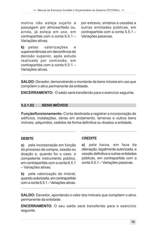 >> Manual da Estrutura Contábil e Orçamentária do Sistema CFC/CRCs <<




motivo não esteja sujeito a                 por extravio, sinistros e cessões a
passagem por almoxarifado ou,               outras entidades públicas, em
ainda, já esteja em uso, em                 contrapartida com a conta 5.5.1 –
contrapartida com a conta 6.5.1 –           Variações passivas.
Variações ativas;
b) pelas       valorizações     e
superveniências em decorrência de
decisão superior, após estudo
realizado por comissão, em
contrapartida com a conta 6.5.1 –
Variações ativas.


SALDO: Devedor, demonstrando o montante de bens móveis em uso que
compõem o ativo permanente da entidade.
ENCERRAMENTO: O saldo será transferido para o exercício seguinte.


5.2.1.02      BENS IMÓVEIS

Função/funcionamento: Conta destinada a registrar a incorporação de
edifícios, instalações, obras em andamento, terrenos e outros bens
imóveis, adquiridos, cedidos de forma definitiva ou doados a entidade.



DEBITE                                      CREDITE
a) pela incorporação em função              a) pela baixa, em face da
do processo de compra, cessão ou            alienação, legalmente autorizada, e
doação e, quando for o caso, o              cessão definitiva a outras entidades
competente instrumento público,             públicas, em contrapartida com a
em contrapartida com a conta 6.5.1          conta 5.5.1 – Variações passivas.
– Variações ativas;
b) pela valorização do imóvel,
quando autorizada, em contrapartida
com a conta 6.5.1 – Variações ativas.


SALDO: Devedor, apontando o valor dos imóveis que compõem o ativo
permanente da entidade.
ENCERRAMENTO: O seu saldo será transferido para o exercício
seguinte.


                                                                                75
 