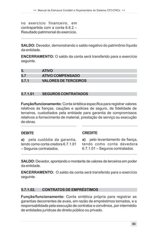 >> Manual da Estrutura Contábil e Orçamentária do Sistema CFC/CRCs <<




no exercício financeiro, em
contrapartida com a conta 6.6.2 –
Resultado patrimonial do exercício.


SALDO: Devedor, demonstrando o saldo negativo do patrimônio líquido
da entidade.
ENCERRAMENTO: O saldo da conta será transferido para o exercício
seguinte.

5.            ATIVO
5.7           ATIVO COMPENSADO
5.7.1         VALORES DE TERCEIROS


5.7.1.01      SEGUROS CONTRATADOS

Função/funcionamento: Conta sintética específica para registrar valores
relativos às fianças, cauções e apólices de seguro, de fidelidade de
terceiros, custodiados pela entidade para garantia de compromissos
relativos a fornecimento de material, prestação de serviço ou execução
de obras.


DEBITE                                      CREDITE
a) pela custódia da garantia,               a) pelo levantamento da fiança,
tendo como conta credora 6.7.1.01           tendo como conta devedora
– Seguros contratados.                      6.7.1.01 – Seguros contratados.


SALDO: Devedor, apontando o montante de valores de terceiros em poder
da entidade.
ENCERRAMENTO: O saldo da conta será transferido para o exercício
seguinte.


5.7.1.02.     CONTRATOS DE EMPRÉSTIMOS
Função/funcionamento: Conta sintética própria para registrar as
garantias decorrentes de avais, em razão de empréstimos tomados, e a
responsabilidade pela execução de contratos e convênios, por intermédio
de entidades jurídicas de direito público ou privado.


                                                                                83
 