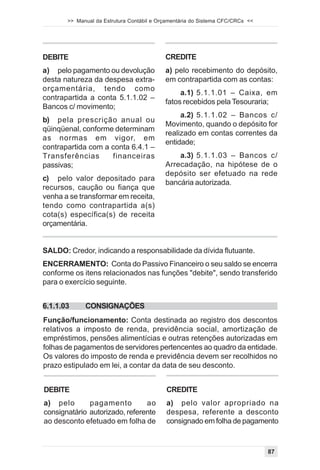>> Manual da Estrutura Contábil e Orçamentária do Sistema CFC/CRCs <<




DEBITE                                     CREDITE
a) pelo pagamento ou devolução             a) pelo recebimento do depósito,
desta natureza da despesa extra-           em contrapartida com as contas:
orçamentária, tendo como
                                                a.1) 5.1.1.01 – Caixa, em
contrapartida a conta 5.1.1.02 –
                                           fatos recebidos pela Tesouraria;
Bancos c/ movimento;
                                                a.2) 5.1.1.02 – Bancos c/
b) pela prescrição anual ou
                                           Movimento, quando o depósito for
qüinqüenal, conforme determinam
                                           realizado em contas correntes da
as normas em vigor, em
                                           entidade;
contrapartida com a conta 6.4.1 –
Transferências      financeiras                a.3) 5.1.1.03 – Bancos c/
passivas;                                  Arrecadação, na hipótese de o
                                           depósito ser efetuado na rede
c) pelo valor depositado para
                                           bancária autorizada.
recursos, caução ou fiança que
venha a se transformar em receita,
tendo como contrapartida a(s)
cota(s) específica(s) de receita
orçamentária.


SALDO: Credor, indicando a responsabilidade da dívida flutuante.
ENCERRAMENTO: Conta do Passivo Financeiro o seu saldo se encerra
conforme os itens relacionados nas funções "debite", sendo transferido
para o exercício seguinte.


6.1.1.03     CONSIGNAÇÕES
Função/funcionamento: Conta destinada ao registro dos descontos
relativos a imposto de renda, previdência social, amortização de
empréstimos, pensões alimentícias e outras retenções autorizadas em
folhas de pagamentos de servidores pertencentes ao quadro da entidade.
Os valores do imposto de renda e previdência devem ser recolhidos no
prazo estipulado em lei, a contar da data de seu desconto.


DEBITE                                     CREDITE
a) pelo       pagamento         ao         a) pelo valor apropriado na
consignatário autorizado, referente        despesa, referente a desconto
ao desconto efetuado em folha de           consignado em folha de pagamento



                                                                               87
 