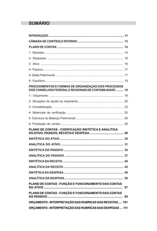 SUMÁRIO

INTRODUÇÃO ............................................................................................. 11
CÂMARA DE CONTROLE INTERNO ........................................................ 13
PLANO DE CONTAS ................................................................................. 14
1- Receitas ................................................................................................. 15
2- Despesas .............................................................................................. 16
3- Ativo ...................................................................................................... 16
4- Passivo .................................................................................................. 17
5- Saldo Patrimonial ................................................................................... 17
6 - Equilíbrio ................................................................................................ 18
PROCEDIMENTOS E FORMAS DE ORGANIZAÇÃO DOS PROCESSOS
DOS CONSELHOS FEDERAL E REGIONAIS DE CONTABILIDADE ......... 18
1 - Orçamento ............................................................................................ 18
2- Situações de ajuste ao orçamento ....................................................... 20
3- Contabilização ....................................................................................... 23
4- Balancete de verificação ...................................................................... 25
5- Estrutura do Balanço Patrimonial .......................................................... 26
6- Prestação de contas ............................................................................. 26
PLANO DE CONTAS - CODIFICAÇÃO SINTÉTICA E ANALÍTICA
DO ATIVO, PASSIVO, RECEITA E DESPESA ......................................... 29
SINTÉTICA DO ATIVO .............................................................................. 30
ANALÍTICA DO ATIVO ............................................................................. 31
SINTÉTICA DO PASSIVO ......................................................................... 36
ANALÍTICA DO PASSIVO ........................................................................ 37
SINTÉTICA DA RECEITA .......................................................................... 40
ANALÍTICA DA RECEITA ......................................................................... 42
SINTÉTICA DA DESPESA ......................................................................... 49
ANALÍTICA DA DESPESA ........................................................................ 50
PLANO DE CONTAS - FUNÇÃO E FUNCIONAMENTO DAS CONTAS
DO ATIVO ................................................................................................. 57
PLANO DE CONTAS - FUNÇÃO E FUNCIONAMENTO DAS CONTAS
DO PASSIVO ............................................................................................ 85
ORÇAMENTO - INTERPRETAÇÃO DAS RUBRICAS DAS RECEITAS .... 101
ORÇAMENTO - INTERPRETAÇÃO DAS RUBRICAS DAS DESPESAS ... 111
 