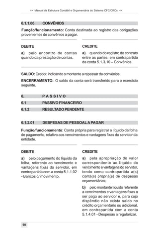 >> Manual da Estrutura Contábil e Orçamentária do Sistema CFC/CRCs <<




6.1.1.06         CONVÊNIOS
Função/funcionamento: Conta destinada ao registro das obrigações
provenientes de convênios a pagar.


DEBITE                                         CREDITE
a) pelo encontro de contas                     a) quando do registro do contrato
quando da prestação de contas.                 entre as partes, em contrapartida
                                               da conta 5.1.3.10 – Convênios.


SALDO: Credor, indicando o montante a repassar de convênios.
ENCERRAMENTO: O saldo da conta será transferido para o exercício
seguinte.

6.               PASSIVO
6.1              PASSIVO FINANCEIRO
6.1.2            RESULTADO PENDENTE


6.1.2.01         DESPESAS DE PESSOAL A PAGAR

Função/funcionamento: Conta própria para registrar o líquido da folha
de pagamento, relativo aos vencimentos e vantagens fixas do servidor da
entidade.


DEBITE                                         CREDITE
a) pelo pagamento do líquido da                a) pela apropriação do valor
folha, referente ao vencimento e               correspondente ao líquido do
vantagens fixas do servidor, em                vencimento e vantagens do servidor,
contrapartida com a conta 5.1.1.02             tendo como contrapartida a(s)
- Bancos c/ movimento.                         conta(s) própria(s) de despesas
                                               orçamentárias;
                                               b) pelo montante líquido referente
                                               a vencimentos e vantagens fixas a
                                               ser pago ao servidor e, para cujo
                                               dispêndio não exista saldo no
                                               crédito orçamentário ou adicional,
                                               em contrapartida com a conta
                                               5.1.4.01 - Despesas a regularizar.

90
 