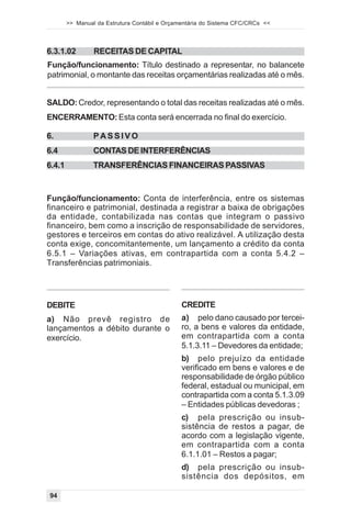 >> Manual da Estrutura Contábil e Orçamentária do Sistema CFC/CRCs <<



6.3.1.02         RECEITAS DE CAPITAL
Função/funcionamento: Título destinado a representar, no balancete
patrimonial, o montante das receitas orçamentárias realizadas até o mês.


SALDO: Credor, representando o total das receitas realizadas até o mês.
ENCERRAMENTO: Esta conta será encerrada no final do exercício.

6.               PASSIVO
6.4              CONTAS DE INTERFERÊNCIAS
6.4.1            TRANSFERÊNCIAS FINANCEIRAS PASSIVAS



Função/funcionamento: Conta de interferência, entre os sistemas
financeiro e patrimonial, destinada a registrar a baixa de obrigações
da entidade, contabilizada nas contas que integram o passivo
financeiro, bem como a inscrição de responsabilidade de servidores,
gestores e terceiros em contas do ativo realizável. A utilização desta
conta exige, concomitantemente, um lançamento a crédito da conta
6.5.1 – Variações ativas, em contrapartida com a conta 5.4.2 –
Transferências patrimoniais.




DEBITE                                         CREDITE
a) Não prevê registro de                       a) pelo dano causado por tercei-
lançamentos a débito durante o                 ro, a bens e valores da entidade,
exercício.                                     em contrapartida com a conta
                                               5.1.3.11 – Devedores da entidade;
                                               b) pelo prejuízo da entidade
                                               verificado em bens e valores e de
                                               responsabilidade de órgão público
                                               federal, estadual ou municipal, em
                                               contrapartida com a conta 5.1.3.09
                                               – Entidades públicas devedoras ;
                                               c) pela prescrição ou insub-
                                               sistência de restos a pagar, de
                                               acordo com a legislação vigente,
                                               em contrapartida com a conta
                                               6.1.1.01 – Restos a pagar;
                                               d) pela prescrição ou insub-
                                               sistência dos depósitos, em

94
 