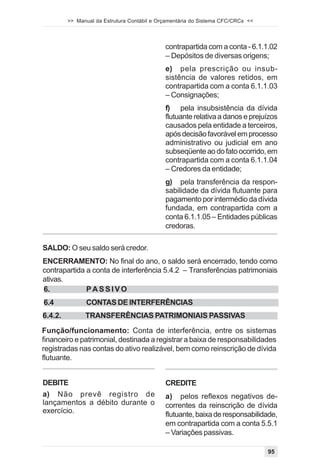 >> Manual da Estrutura Contábil e Orçamentária do Sistema CFC/CRCs <<




                                             contrapartida com a conta - 6.1.1.02
                                             – Depósitos de diversas origens;
                                             e) pela prescrição ou insub-
                                             sistência de valores retidos, em
                                             contrapartida com a conta 6.1.1.03
                                             – Consignações;
                                             f) pela insubsistência da dívida
                                             flutuante relativa a danos e prejuízos
                                             causados pela entidade a terceiros,
                                             após decisão favorável em processo
                                             administrativo ou judicial em ano
                                             subseqüente ao do fato ocorrido, em
                                             contrapartida com a conta 6.1.1.04
                                             – Credores da entidade;
                                             g) pela transferência da respon-
                                             sabilidade da dívida flutuante para
                                             pagamento por intermédio da dívida
                                             fundada, em contrapartida com a
                                             conta 6.1.1.05 – Entidades públicas
                                             credoras.

SALDO: O seu saldo será credor.
ENCERRAMENTO: No final do ano, o saldo será encerrado, tendo como
contrapartida a conta de interferência 5.4.2 – Transferências patrimoniais
ativas.
6.            PASSIVO
6.4            CONTAS DE INTERFERÊNCIAS
6.4.2.         TRANSFERÊNCIAS PATRIMONIAIS PASSIVAS
Função/funcionamento: Conta de interferência, entre os sistemas
financeiro e patrimonial, destinada a registrar a baixa de responsabilidades
registradas nas contas do ativo realizável, bem como reinscrição de dívida
flutuante.


DEBITE                                       CREDITE
a) Não prevê registro de                     a) pelos reflexos negativos de-
lançamentos a débito durante o               correntes da reinscrição de dívida
exercício.                                   flutuante, baixa de responsabilidade,
                                             em contrapartida com a conta 5.5.1
                                             – Variações passivas.

                                                                                 95
 