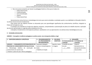 SECRETARIA DE ESTADO DE EDUCAÇÃO – SEED
INSTITUTO DE EDUCAÇÃO PROFESSOR ERASMO PILOTTO
CURSO DE FORMAÇÃO DE DOCENTES DA EDUCAÇÃO INFANTIL E ANOS INICIAIS DO ENS. FUND.
Apostila organizada pelos Professores Helton Real e Rosângela Menta - 2015
DISCIPLINA:ORGANIZAÇÃODOTRABALHOPEDAGÓGICO–OTP/2ºANO10
— Nos cinco passos propostos por Saviani na pedagogia histórico-crítica que se traduz em:
o Prática Social Inicial,
o Problematização,
o Instrumentalização,
o Catarse
o Prática Social Final.
Apresentaremos várias técnicas e metodologias de ensino para serem estudadas e analisadas quanto a sua viabilidade na Educação Infantil e
nas Séries Iniciais do Ensino Fundamental.
Estes passos têm por objetivo envolver os educandos para uma aprendizagem significativa dos conhecimentos científicos, integrada na
Prática de Formação do curso.
A avaliação será realizada em função dos objetivos propostos, compreendendo a apresentação de planos de trabalho docente e aplicação
das técnicas apresentadas ou sugeridas pelas estudantes do curso.
A disciplina é fundamental na formação do professor, subsidiando-o em sua ação docente e nas demais áreas metodológicas do curso.
2. Conteúdos estruturantes
UNIDADE I - Concepções e tendências pedagógicas na prática escolar: uma retrospectiva didática e legal
3. CONTEÚDOS BÁSICOS E ESPECÍFICOS 4. ENCAMINHAMENTOS
OU PROCEDIMENTOS
METODOLÓGICOS
5. RECURSOS
DIDÁTICOS
6. AVALIAÇÃO
6.1 Instrumentos de
avaliação
6.2 Critérios de
avaliação
UNIDADE I – FUNDAMENTOS EPISTEMOLÓGICOS DO
PROCESSO DE CONHECIMENTO EM SALA DE AULA
1. Metodologia dialética de construção do
conhecimento em sala de aula
2. Roteiros: plano de aula e oficina pedagógica
Exposição dialogada
Leitura e interpretação do
texto
Trabalhos em dupla
Apostila: textos
e imagens
Produção de plano
de aula
___/___/2015.
Elaborar
planejamento na
perspectiva de Celso
Vasconcellos
 