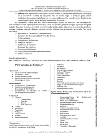SECRETARIA DE ESTADO DE EDUCAÇÃO – SEED
INSTITUTO DE EDUCAÇÃO PROFESSOR ERASMO PILOTTO
CURSO DE FORMAÇÃO DE DOCENTES DA EDUCAÇÃO INFANTIL E ANOS INICIAIS DO ENS. FUND.
Apostila organizada pelos Professores Helton Real e Rosângela Menta - 2015
DISCIPLINA:ORGANIZAÇÃODOTRABALHOPEDAGÓGICO–OTP/2ºANO23
— Interagir com representação do sujeito: solicitar expressão, acompanhar percurso de construção.
Se a capacidade analítica do educando não for muito longe, o professor pode entrar,
estabelecendo novas contradições entre a representação sincrética e os elementos do objeto não
captados pelo sujeito. Ajudar a chegar à elaboração da síntese.
No cotidiano da sala de aula, esta postura metodológica poderá ser articulada com estratégias que
tenham coerência com o princípio metodológico, como, por exemplo, problematização, exposição dialogada,
trabalho de grupo, pesquisa, seminário, experimentação, debate, jogos educativos, dramatização, produção
coletiva, estudo do meio, etc. Qualquer que seja a técnica utilizada, deve se submeter ao método. Para isto, é
necessário:
— Apresentação Sincrética do Objeto de Estudo.
— Expressão das Representações Prévias dos Alunos.
— Problematização
— Fornecimento de Subsídios
— Tempo de Pesquisa
— Elaboração de Hipóteses
— Expressão das Hipóteses
— Confronto de Hipóteses
— Superação das Hipóteses menos elaboradas.
— Síntese Conclusiva
Referência Bibliográfica:
VASCONCELLOS, Celso dos S. Construção do Conhecimento em Sala de Auto, 2ª ed. São Paulo, Libertad, 1994.
Perfil desejado do Professor2
I-Conceitual
 Desenvolvimento e Aprendizagem
 Sociedade e Cultura
 Finalidades da Educação
 Saberes do campo de Conhecimento
 Metodologia de Ensino
II-Procedimental
 Trabalho com o Conhecimento
 Relacionamento Interpessoal
 Organização da Coletividade
 Enfrentamento de situações de conflito e
dificuldades na aprendizagem
III-Atitudinal
 Goste de:
o Criança/Gente
o Aprender
o Ensinar
o Trab. em Grupo
 Curioso
 Vivo/Alegre
 Pesquisador
 Profundo
 Crítico/Criativo
 Humilde
 Solidário/Generoso
2
Disponível em:
http://www.celsovasconcellos.com.br/index_arquivos/Pag
e13784.htm acessado em 02/02/2015.
 Autônomo
 Verdadeiro
 Não legalista
 Enfrenta poder opressor
 Acolhedor/Afetuoso
 Atento/Que cuida
 Firme/Determinado
 Posicionado
 Vigoroso
 Sensível
 Interessado pela vida/destino dos alunos
 Alegra-se com crescimento do discípulo
 Inteiro em sala
 Apaixonado pelo que faz...
Alguns Saberes Necessários aos Docentes (além dos
específicos Pedagógicos)
 Epistemologia/Teoria do Conhecimento
aplicada à Educação
 Raízes da Cultura Brasileira
 História da Infância e da Juventude
 Sociologia da Família
 Midiologia
 Teoria da Atividade Humana
 História da Profissão Docente
 Psicodrama
 Música/Dança
 Desenvolvimento Moral
 Ludologia
 Elementos de Neurociência
 Gestão
 Saúde Vocal
 Antropologia
 Psicanálise e Educação
 