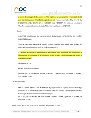 se ou não da obrigação de dar pensão ao filho. Explicitou-se que completar a maioridade de 18
anos não significa que o filho não irá depender do pai. Precedentes citados: REsp 347.010-SP,
DJ 10/2/2003, e REsp 306.791-SP, DJ 26/8/2002. REsp 442.502-SP, Rel. originário Min. Castro
Filho, Rel. para acórdão Min. Antônio de Pádua Ribeiro, julgado em 6/12/2004.
E mais:
ALIMENTOS. MAIORIDADE DO ALIMENTANDO. EXONERAÇÃO AUTOMÁTICA DA PENSÃO.
INADMISSIBILIDADE.
– Com a maioridade, extingue-se o poder familiar, mas não cessa, desde logo, o dever de
prestar alimentos, fundado a partir de então no parentesco.
– É vedada a exoneração automática do alimentante, sem possibilitar ao alimentando a
oportunidade de manifestar-se e comprovar, se for o caso, a impossibilidade de prover a
própria subsistência.
Precedentes do STJ.
Recurso especial não conhecido.
(REsp 739.004/DF, Rel. Ministro BARROS MONTEIRO, QUARTA TURMA, julgado em 15.09.2005,
DJ 24.10.2005 p. 346)
Na mesma vereda:
HABEAS CORPUS. PRISÃO CIVIL. ALIMENTOS. A jurisprudência do Superior Tribunal de Justiça
consolidou-se no sentido de que a maioridade dos filhos não acarreta a exoneração automática
da obrigação de prestar alimentos. Ordem denegada.
(HC 55.065/SP, Rel. Ministro ARI PARGENDLER, TERCEIRA TURMA, julgado em 10.10.2006, DJ
27.11.2006 p. 271)
Habeas corpus. Prisão civil. Execução de alimentos. Precedentes da Corte.
 