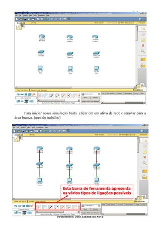 APOSTILA BÁSICA PARA TREINAMENTO DO PACKET TRACER
Professores: José Jakson da Silva
Para iniciar nossa simulação basta clicar em um ativo de rede e arrastar para a
área branca. (área de trabalho)
Esta barra de ferramenta apresenta
os vários tipos de ligações possíveis
 