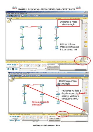 APOSTILA BÁSICA PARA TREINAMENTO DO PACKET TRACER
Professores: José Jakson da Silva
Alterna entre o
modo de simulação
E o de tempo real
Utilizando o modo
de simulação
• Utilizando o modo
de simulação
• Clicando na lupa e
depois no pacote é
possível verificar o
conteúdo da PDU
Passo-a-passo da
simulação
 