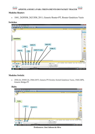 APOSTILA BÁSICA PARA TREINAMENTO DO PACKET TRACER
Professores: José Jakson da Silva
Modelos Router:
• 1841, 2620XM, 2621XM, 2811, Generic Router-PT, Router Genéricos Vazio
Switches
Modelos Switch:
• 2950-24, 2950T-24, 2960-24TT, Generic PT-Switch, Switch Genéricos Vazio, 3560-24PS,
Generic Bridge-PT
Hubs
 