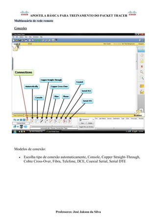 APOSTILA BÁSICA PARA TREINAMENTO DO PACKET TRACER
Professores: José Jakson da Silva
Multiusuário de rede remoto
Conexões
Modelos de conexão:
• Escolha tipo de conexão automaticamente, Console, Copper Straight-Through,
Cobre Cross-Over, Fibra, Telefone, DCE, Coaxial Serial, Serial DTE
 