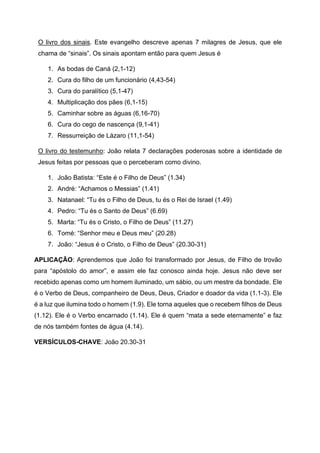 O livro dos sinais. Este evangelho descreve apenas 7 milagres de Jesus, que ele
chama de “sinais”. Os sinais apontam então para quem Jesus é
1. As bodas de Caná (2,1-12)
2. Cura do filho de um funcionário (4,43-54)
3. Cura do paralítico (5,1-47)
4. Multiplicação dos pães (6,1-15)
5. Caminhar sobre as águas (6,16-70)
6. Cura do cego de nascença (9,1-41)
7. Ressurreição de Lázaro (11,1-54)
O livro do testemunho: João relata 7 declarações poderosas sobre a identidade de
Jesus feitas por pessoas que o perceberam como divino.
1. João Batista: “Este é o Filho de Deus” (1.34)
2. André: “Achamos o Messias” (1.41)
3. Natanael: “Tu és o Filho de Deus, tu és o Rei de Israel (1.49)
4. Pedro: “Tu és o Santo de Deus” (6.69)
5. Marta: “Tu és o Cristo, o Filho de Deus” (11.27)
6. Tomé: “Senhor meu e Deus meu” (20.28)
7. João: “Jesus é o Cristo, o Filho de Deus” (20.30-31)
APLICAÇÃO: Aprendemos que João foi transformado por Jesus, de Filho de trovão
para “apóstolo do amor”, e assim ele faz conosco ainda hoje. Jesus não deve ser
recebido apenas como um homem iluminado, um sábio, ou um mestre da bondade. Ele
é o Verbo de Deus, companheiro de Deus, Deus, Criador e doador da vida (1.1-3). Ele
é a luz que ilumina todo o homem (1.9). Ele torna aqueles que o recebem filhos de Deus
(1.12). Ele é o Verbo encarnado (1.14). Ele é quem “mata a sede eternamente” e faz
de nós também fontes de água (4.14).
VERSÍCULOS-CHAVE: João 20.30-31
 