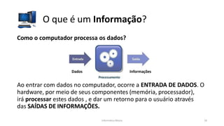 Informática Básica 16
O que é um Informação?
Como o computador processa os dados?
Dados Informações
Ao entrar com dados no computador, ocorre a ENTRADA DE DADOS. O
hardware, por meio de seus componentes (memória, processador),
irá processar estes dados , e dar um retorno para o usuário através
das SAÍDAS DE INFORMAÇÕES.
 