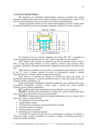 15
IFSC GERALDO WERNINGHAUS / JARAGUÁ DO SUL-SC Prof. Rogério Luiz Nascimento, Me. Eng – Julho/2016
3.4 CONTACTOR DE FORÇA
São dispositivos de comutação eletromecânicos, possuem no mínimo três contatos
principais, podendo ainda conter vários contatos auxiliares. O acionamento do contator é feito
através de uma bobina que envolve um núcleo fixo de material ferromagnético.
Quando energizada a bobina cria um campo eletromagnético que atrai o núcleo móvel
do contator, fechando seus contatos principais e alterando o estado dos contatos auxiliares.
Figura 18 – Contactor
Fonte: NASCIMENTO, 2013.
Os contatores tem seu emprego designado pela norma IEC 947 e separados em
diversas categorias para aplicação em AC e DC. Abaixo a descrição de cada categoria:
AC1: aplica-se para manobra de aparelhos com fator de potência maior ou igual a
0,95, ou seja, para cargas ôhmicas ou pouco indutivas, utiliza-se para manobras leves.
Exemplos: aquecedores, lâmpadas incandescentes, lâmpadas fluorescentes com reator de alto
fator.
AC2: destina-se a partidas leves de motores, no acionamento pode manusear correntes
de até 2,5 vezes a corrente nominal do motor, no desligamento suporta a corrente
nominal do mesmo. Exemplo: bombas, compressores, guinchos.
AC3: aplica-se a manobra dos motores de indução tipo gaiola de esquilo, no
acionamento pode manusear a corrente de partida do motor, é o tipo mais usado de contator.
Exemplo: bombas, ventiladores, etc.
AC4: sua utilização é adequada às manobras pesadas tais como: partida à plena carga,
acionamento intermitente, reversão à plena carga e parada por contra corrente.
Exemplo: esteiras rolantes, bobinadeiras.
DC1: também usados para acionamento de cargas ôhmicas ou pouco indutivas.
DC2/DC3: utilizados para acionamento de motores de corrente contínua tipo shunt,
com corrente de até duas vezes e meia a corrente nominal.
DC4/DC5: utilizados para motores de corrente contínua tipo série com corrente de até
duas vezes e meia a corrente nominal.
As vantagens no uso dos contatores são:
Ligação rápida e segura
Controle de alta corrente por acionamento de baixa corrente
Comando manual ou à distância
Efetiva proteção do operador
Simplificação do sistema de operação
Na escolha do contator devemos levar em consideração a categoria de emprego, a
corrente da carga, a tensão e frequência do comando, o número de manobras por hora e o
número de contatos auxiliares.
 