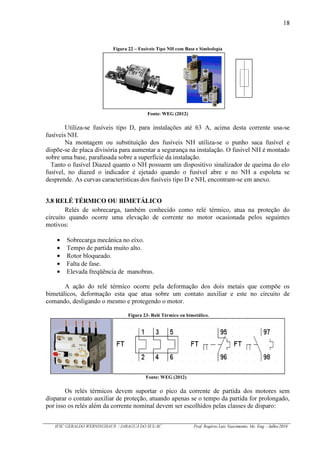 18
IFSC GERALDO WERNINGHAUS / JARAGUÁ DO SUL-SC Prof. Rogério Luiz Nascimento, Me. Eng – Julho/2016
Figura 22 – Fusíveis Tipo NH com Base e Simbologia
Fonte: WEG (2012)
Utiliza-se fusíveis tipo D, para instalações até 63 A, acima desta corrente usa-se
fusíveis NH.
Na montagem ou substituição dos fusíveis NH utiliza-se o punho saca fusível e
dispõe-se de placa divisória para aumentar a segurança na instalação. O fusível NH é montado
sobre uma base, parafusada sobre a superfície da instalação.
Tanto o fusível Diazed quanto o NH possuem um dispositivo sinalizador de queima do elo
fusível, no diazed o indicador é ejetado quando o fusível abre e no NH a espoleta se
desprende. As curvas características dos fusíveis tipo D e NH, encontram-se em anexo.
3.8 RELÉ TÉRMICO OU BIMETÁLICO
Relés de sobrecarga, também conhecido como relé térmico, atua na proteção do
circuito quando ocorre uma elevação de corrente no motor ocasionada pelos seguintes
motivos:
Sobrecarga mecânica no eixo.
Tempo de partida muito alto.
Rotor bloqueado.
Falta de fase.
Elevada freqüência de manobras.
A ação do relé térmico ocorre pela deformação dos dois metais que compõe os
bimetálicos, deformação esta que atua sobre um contato auxiliar e este no circuito de
comando, desligando o mesmo e protegendo o motor.
Figura 23- Relé Térmico ou bimetálico.
Fonte: WEG (2012)
Os relés térmicos devem suportar o pico da corrente de partida dos motores sem
disparar o contato auxiliar de proteção, atuando apenas se o tempo da partida for prolongado,
por isso os relés além da corrente nominal devem ser escolhidos pelas classes de disparo:
 