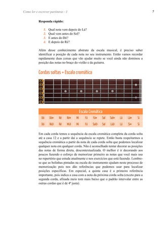 Como ler e escrever partituras - I 7 
Responda rápido: 
1. Qual nota vem depois do Lá? 
2. Qual vem antes do Sol? 
3. E antes do Dó? 
4. E depois do Ré? 
Além desse conhecimento abstrato da escala musical, é preciso saber 
identificar a posição de cada nota no seu instrumento. Então vamos recordar 
rapidamente duas coisas que vão ajudar muito se você ainda não dominou a 
posição das notas no braço do violão e da guitarra. 
Cordas soltas + Escala cromática 
Em cada corda temos a sequência da escala cromática completa da corda solta 
até a casa 12 e a partir daí a sequência se repete. Então basta respeitarmos a 
sequência cromática a partir da nota de cada corda solta que podemos localizar 
qualquer nota em qualquer corda. Não é aconselhado tentar decorar as posições 
das notas de forma direta, descontextualizada. O melhor é ir decorando aos 
poucos fazendo o esforço de memorizar primeiro as notas que você mais usa 
no repertório que estuda atualmente e nos exercícios que está fazendo. Lembre-se 
que as bolinhas pintadas na escala do instrumento ajudam neste processo de 
memorização pois nos dão referências que podemos usar para localizar 
posições específicas. Em especial, a quinta casa é a primeira referência 
importante, pois indica a casa com a nota da próxima corda solta (exceto para a 
segunda corda, afinada meio tom mais baixo que o padrão intervalar entre as 
outras cordas que é de 4ª justa). 
 
