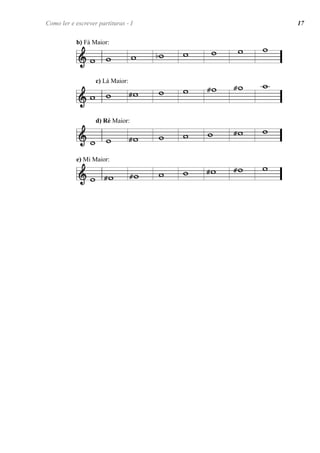 b) Fá Maior:
c) Lá Maior:
d) Ré Maior:
e) Mi Maior:
Como ler e escrever partituras - I 17
 