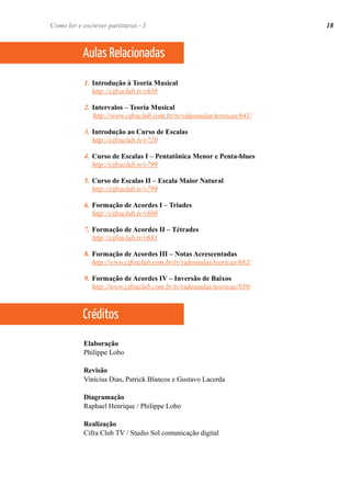 1. Introdução à Teoria Musical
http://cifraclub.tv/v638
2. Intervalos – Teoria Musical
http://www.cifraclub.com.br/tv/videoaulas/teoricas/641/
3. Introdução ao Curso de Escalas
http://cifraclub.tv/v720
4. Curso de Escalas I – Pentatônica Menor e Penta-blues
http://cifraclub.tv/v799
5. Curso de Escalas II – Escala Maior Natural
http://cifraclub.tv/v799
6. Formação de Acordes I – Triades
http://cifraclub.tv/v680
7. Formação de Acordes II – Tétrades
http://cifraclub.tv/v681
8. Formação de Acordes III – Notas Acrescentadas
http://www.cifraclub.com.br/tv/videoaulas/teoricas/682/
9. Formação de Acordes IV – Inversão de Baixos
http://www.cifraclub.com.br/tv/videoaulas/teoricas/939/
Elaboração
Philippe Lobo
Revisão
Vinícius Dias, Patrick Blancos e Gustavo Lacerda
Diagramação
Raphael Henrique / Philippe Lobo
Realização
Cifra Club TV / Studio Sol comunicação digital
Aulas Relacionadas
Como ler e escrever partituras - I 18
Créditos
 