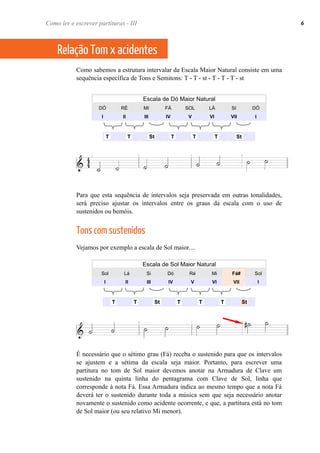 Como sabemos a estrutura intervalar da Escala Maior Natural consiste em uma
sequência específica de Tons e Semitons: T - T - st - T - T - T - st
Escala de Dó Maior Natural
DÓ RÉ MI FÁ SOL LÁ SI DÓ
I II III IV V VI VII I
T T St T T T St
Para que esta sequência de intervalos seja preservada em outras tonalidades,
será preciso ajustar os intervalos entre os graus da escala com o uso de
sustenidos ou bemóis.
Tons com sustenidos
Vejamos por exemplo a escala de Sol maior....
Escala de Sol Maior Natural
Sol Lá Si Dó Ré Mi Fá# Sol
I II III IV V VI VII I
T T St T T T St
É necessário que o sétimo grau (Fá) receba o sustenido para que os intervalos
se ajustem e a sétima da escala seja maior. Portanto, para escrever uma
partitura no tom de Sol maior devemos anotar na Armadura de Clave um
sustenido na quinta linha do pentagrama com Clave de Sol, linha que
corresponde à nota Fá. Essa Armadura indica ao mesmo tempo que a nota Fá
deverá ter o sustenido durante toda a música sem que seja necessário anotar
novamente o sustenido como acidente ocorrente, e que, a partitura está no tom
de Sol maior (ou seu relativo Mi menor).
Relação Tom x acidentes
Como ler e escrever partituras - III 6
 