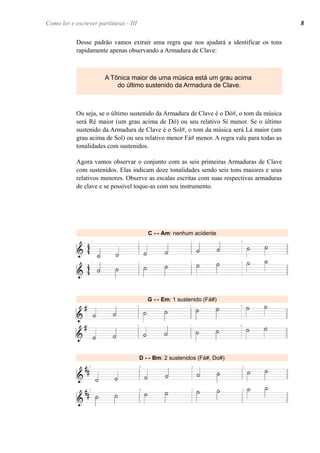 Desse padrão vamos extrair uma regra que nos ajudará a identificar os tons
rapidamente apenas observando a Armadura de Clave:
Ou seja, se o último sustenido da Armadura de Clave é o Dó#, o tom da música
será Ré maior (um grau acima de Dó) ou seu relativo Si menor. Se o último
sustenido da Armadura de Clave é o Sol#, o tom da música será Lá maior (um
grau acima de Sol) ou seu relativo menor Fá# menor. A regra vale para todas as
tonalidades com sustenidos.
Agora vamos observar o conjunto com as seis primeiras Armaduras de Clave
com sustenidos. Elas indicam doze tonalidades sendo seis tons maiores e seus
relativos menores. Observe as escalas escritas com suas respectivas armaduras
de clave e se possível toque-as com seu instrumento.
C ↔ Am: nenhum acidente
G ↔ Em: 1 sustenido (Fá#)
D ↔ Bm: 2 sustenidos (Fá#, Do#)
A Tônica maior de uma música está um grau acima
do último sustenido da Armadura de Clave.
Como ler e escrever partituras - III 8
 