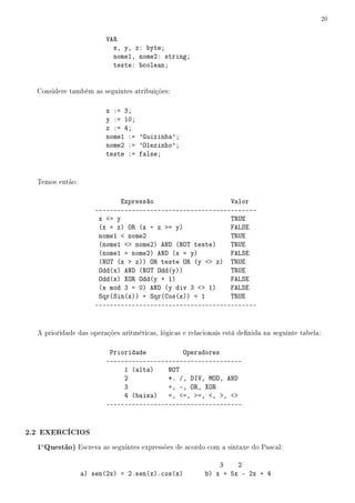 20


                        VAR
                          x, y, z: byte;
                          nome1, nome2: string;
                          teste: boolean;


  Considere também as seguintes atribuições:

                        x := 3;
                        y := 10;
                        z := 4;
                        nome1 := 'Guizinha';
                        nome2 := 'Olezinho';
                        teste := false;


  Temos então:

                             Expressão                    Valor
                     --------------------------------------------
                      x = y                              TRUE
                      (x = z) OR (x + z = y)             FALSE
                      nome1  nome2                       TRUE
                      (nome1  nome2) AND (NOT teste)    TRUE
                      (nome1 = nome2) AND (x = y)         FALSE
                      (NOT (x  z)) OR teste OR (y  z) TRUE
                      Odd(x) AND (NOT Odd(y))             TRUE
                      Odd(x) XOR Odd(y + 1)               FALSE
                      (x mod 3 = 0) AND (y div 3  1)    FALSE
                      Sqr(Sin(x)) + Sqr(Cos(x)) = 1       TRUE
                     --------------------------------------------


  A prioridade das operações aritméticas, lógicas e relacionais está denida na seguinte tabela:

                         Prioridade          Operadores
                        -------------------------------------
                             1 (alta)    NOT
                             2           *. /, DIV, MOD, AND
                             3           +, -, OR, XOR
                             4 (baixa)   =, =, =, , , 
                        -------------------------------------


2.2 EXERCÍCIOS
  1a Questão) Escreva as seguintes expressões de acordo com a sintaxe do Pascal:

                                                             3    2
                 a) sen(2x) = 2.sen(x).cos(x)            b) x + 5x - 2x + 4
 