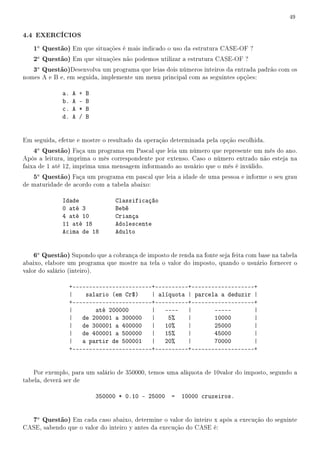 49


4.4 EXERCÍCIOS
   1a Questão) Em que situações é mais indicado o uso da estrutura CASE-OF ?
   2a Questão) Em que situações não podemos utilizar a estrutura CASE-OF ?
   3a Questão)Desenvolva um programa que leias dois números inteiros da entrada padrão com os
nomes A e B e, em seguida, implemente um menu principal com as seguintes opções:

             a.   A   +   B
             b.   A   -   B
             c.   A   *   B
             d.   A   /   B


Em seguida, efetue e mostre o resultado da operação determinada pela opção escolhida.
   4a Questão) Faça um programa em Pascal que leia um número que represente um mês do ano.
Após a leitura, imprima o mês correspondente por extenso. Caso o número entrado não esteja na
faixa de 1 até 12, imprima uma mensagem informando ao usuário que o mês é inválido.
   5a Questão) Faça um programa em pascal que leia a idade de uma pessoa e informe o seu grau
de maturidade de acordo com a tabela abaixo:

             Idade                 Classificação
             0 até 3               Bebê
             4 até 10              Criança
             11 até 18             Adolescente
             Acima de 18           Adulto


   6a Questão) Supondo que a cobrança de imposto de renda na fonte seja feita com base na tabela
abaixo, elabore um programa que mostre na tela o valor do imposto, quando o usuário fornecer o
valor do salário (inteiro).

                  +------------------------+----------+-------------------+
                  |    salario (em Cr$)    | alíquota | parcela a deduzir |
                  +------------------------+----------+-------------------+
                  |       até 200000       |   ---- |         -----       |
                  | de 200001 a 300000     |    5%    |       10000       |
                  | de 300001 a 400000     | 10%      |       25000       |
                  | de 400001 a 500000     | 15%      |       45000       |
                  | a partir de 500001     | 20%      |       70000       |
                  +------------------------+----------+-------------------+


    Por exemplo, para um salário de 350000, temos uma alíquota de 10valor do imposto, segundo a
tabela, deverá ser de

                              350000 * 0.10 - 25000   =   10000 cruzeiros.


   7a Questão) Em cada caso abaixo, determine o valor do inteiro x após a execução do seguinte
CASE, sabendo que o valor do inteiro y antes da execução do CASE é:
 