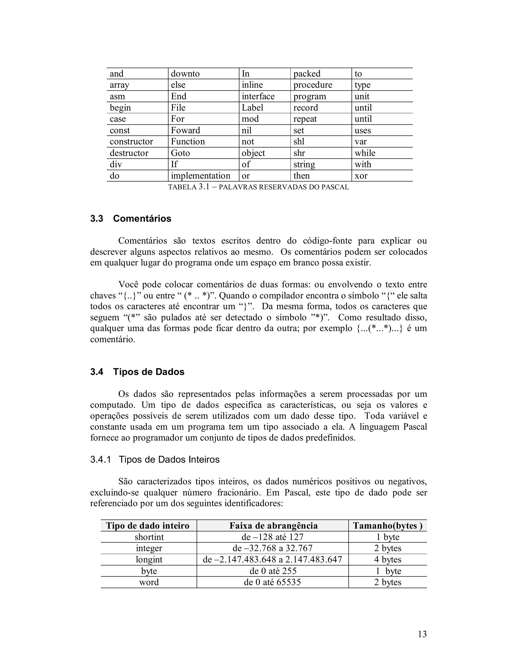 13
and downto In packed to
array else inline procedure type
asm End interface program unit
begin File Label record until
case For mod repeat until
const Foward nil set uses
constructor Function not shl var
destructor Goto object shr while
div If of string with
do implementation or then xor
TABELA 3.1 – PALAVRAS RESERVADAS DO PASCAL
3.3 Comentários
Comentários são textos escritos dentro do código-fonte para explicar ou
descrever alguns aspectos relativos ao mesmo. Os comentários podem ser colocados
em qualquer lugar do programa onde um espaço em branco possa existir.
Você pode colocar comentários de duas formas: ou envolvendo o texto entre
chaves “{..}” ou entre “ (* .. *)”. Quando o compilador encontra o símbolo “{“ ele salta
todos os caracteres até encontrar um “}”. Da mesma forma, todos os caracteres que
seguem “(*” são pulados até ser detectado o símbolo ”*)”. Como resultado disso,
qualquer uma das formas pode ficar dentro da outra; por exemplo {...(*...*)...} é um
comentário.
3.4 Tipos de Dados
Os dados são representados pelas informações a serem processadas por um
computado. Um tipo de dados especifica as características, ou seja os valores e
operações possíveis de serem utilizados com um dado desse tipo. Toda variável e
constante usada em um programa tem um tipo associado a ela. A linguagem Pascal
fornece ao programador um conjunto de tipos de dados predefinidos.
3.4.1 Tipos de Dados Inteiros
São caracterizados tipos inteiros, os dados numéricos positivos ou negativos,
excluindo-se qualquer número fracionário. Em Pascal, este tipo de dado pode ser
referenciado por um dos seguintes identificadores:
Tipo de dado inteiro Faixa de abrangência Tamanho(bytes )
shortint de –128 até 127 1 byte
integer de –32.768 a 32.767 2 bytes
longint de –2.147.483.648 a 2.147.483.647 4 bytes
byte de 0 até 255 1 byte
word de 0 até 65535 2 bytes
 