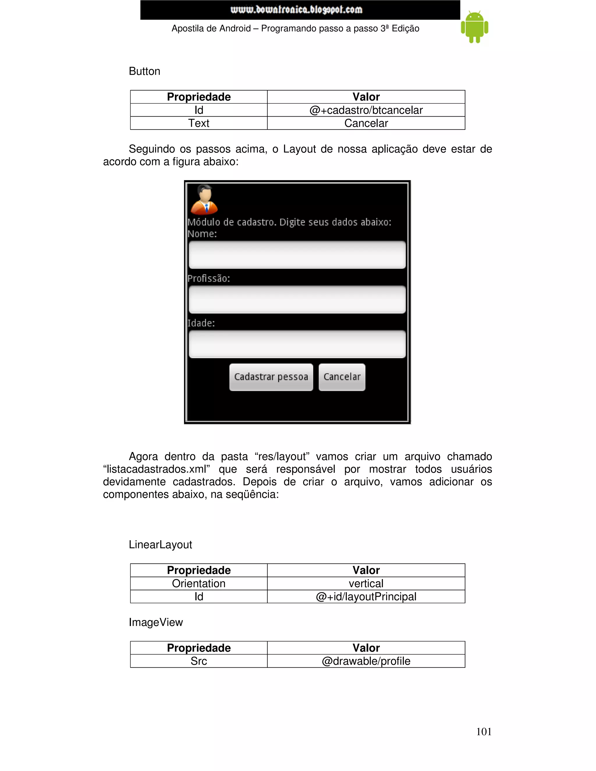 www.mecatronicadegaragem.blogspot.com
             Apostila de Android – Programando passo a passo 3ª Edição



    Button

             Propriedade                          Valor
                  Id                        @+cadastro/btcancelar
                Text                             Cancelar

     Seguindo os passos acima, o Layout de nossa aplicação deve estar de
acordo com a figura abaixo:




      Agora dentro da pasta “res/layout” vamos criar um arquivo chamado
“listacadastrados.xml” que será responsável por mostrar todos usuários
devidamente cadastrados. Depois de criar o arquivo, vamos adicionar os
componentes abaixo, na seqüência:



    LinearLayout

             Propriedade                             Valor
              Orientation                           vertical
                  Id                          @+id/layoutPrincipal

    ImageView

             Propriedade                           Valor
                 Src                           @drawable/profile




                                                                         101
 