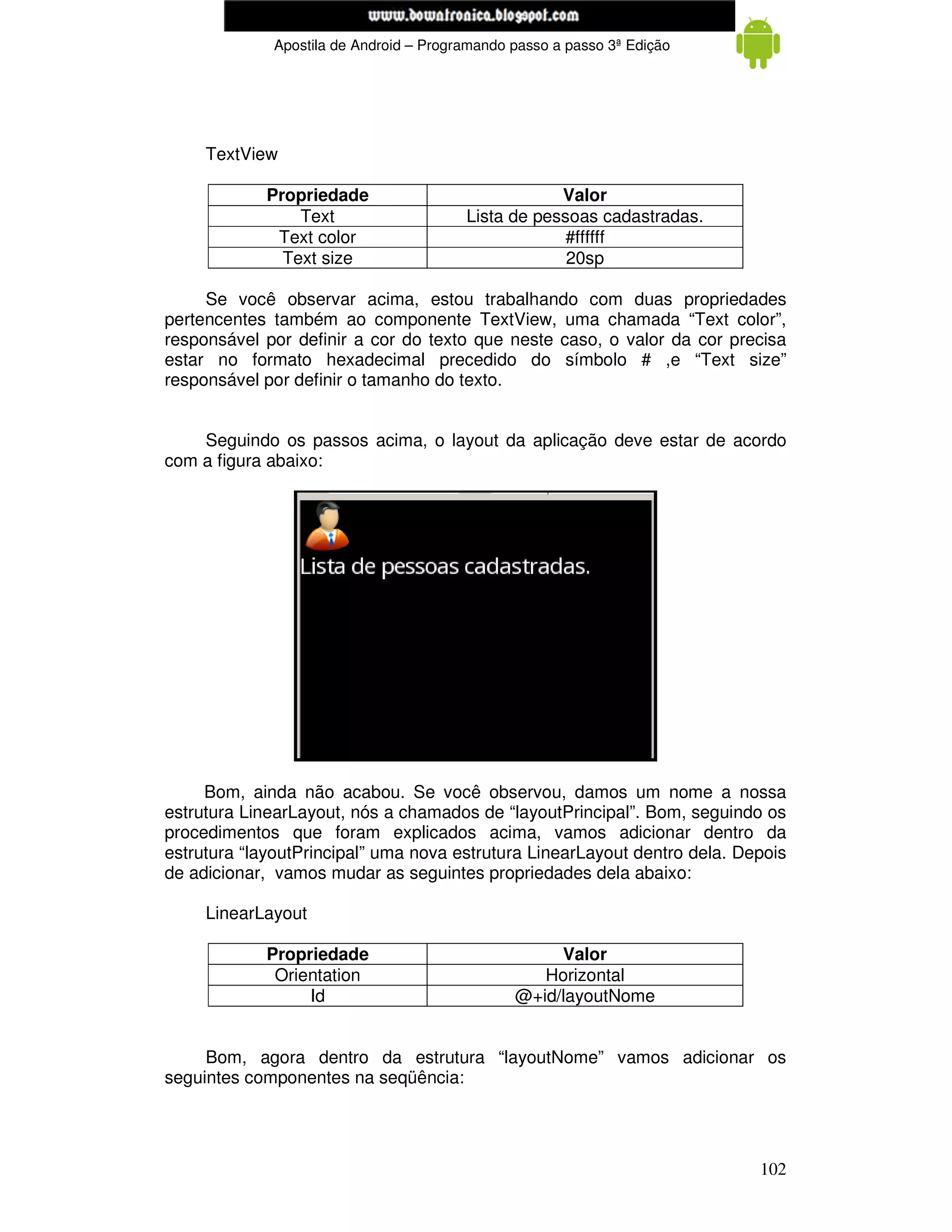 www.mecatronicadegaragem.blogspot.com
             Apostila de Android – Programando passo a passo 3ª Edição




     TextView

            Propriedade                             Valor
                Text                    Lista de pessoas cadastradas.
             Text color                             #ffffff
              Text size                              20sp

     Se você observar acima, estou trabalhando com duas propriedades
pertencentes também ao componente TextView, uma chamada “Text color”,
responsável por definir a cor do texto que neste caso, o valor da cor precisa
estar no formato hexadecimal precedido do símbolo # ,e “Text size”
responsável por definir o tamanho do texto.


    Seguindo os passos acima, o layout da aplicação deve estar de acordo
com a figura abaixo:




     Bom, ainda não acabou. Se você observou, damos um nome a nossa
estrutura LinearLayout, nós a chamados de “layoutPrincipal”. Bom, seguindo os
procedimentos que foram explicados acima, vamos adicionar dentro da
estrutura “layoutPrincipal” uma nova estrutura LinearLayout dentro dela. Depois
de adicionar, vamos mudar as seguintes propriedades dela abaixo:

     LinearLayout

            Propriedade                             Valor
             Orientation                          Horizontal
                 Id                            @+id/layoutNome


     Bom, agora dentro da estrutura “layoutNome” vamos adicionar os
seguintes componentes na seqüência:




                                                                           102
 