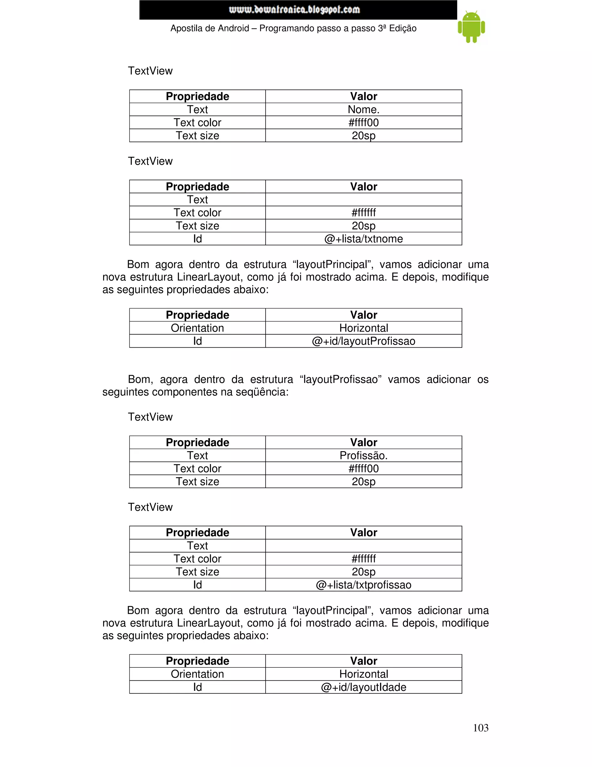 www.mecatronicadegaragem.blogspot.com
             Apostila de Android – Programando passo a passo 3ª Edição



     TextView

            Propriedade                               Valor
                Text                                  Nome.
             Text color                               #ffff00
              Text size                                20sp

     TextView

            Propriedade                               Valor
                Text
             Text color                              #ffffff
              Text size                              20sp
                 Id                             @+lista/txtnome

     Bom agora dentro da estrutura “layoutPrincipal”, vamos adicionar uma
nova estrutura LinearLayout, como já foi mostrado acima. E depois, modifique
as seguintes propriedades abaixo:

            Propriedade                             Valor
             Orientation                         Horizontal
                 Id                          @+id/layoutProfissao


     Bom, agora dentro da estrutura “layoutProfissao” vamos adicionar os
seguintes componentes na seqüência:

     TextView

            Propriedade                               Valor
                Text                                Profissão.
             Text color                              #ffff00
              Text size                               20sp

     TextView

            Propriedade                               Valor
                Text
             Text color                              #ffffff
              Text size                              20sp
                 Id                           @+lista/txtprofissao

     Bom agora dentro da estrutura “layoutPrincipal”, vamos adicionar uma
nova estrutura LinearLayout, como já foi mostrado acima. E depois, modifique
as seguintes propriedades abaixo:

            Propriedade                             Valor
             Orientation                         Horizontal
                 Id                            @+id/layoutIdade


                                                                         103
 