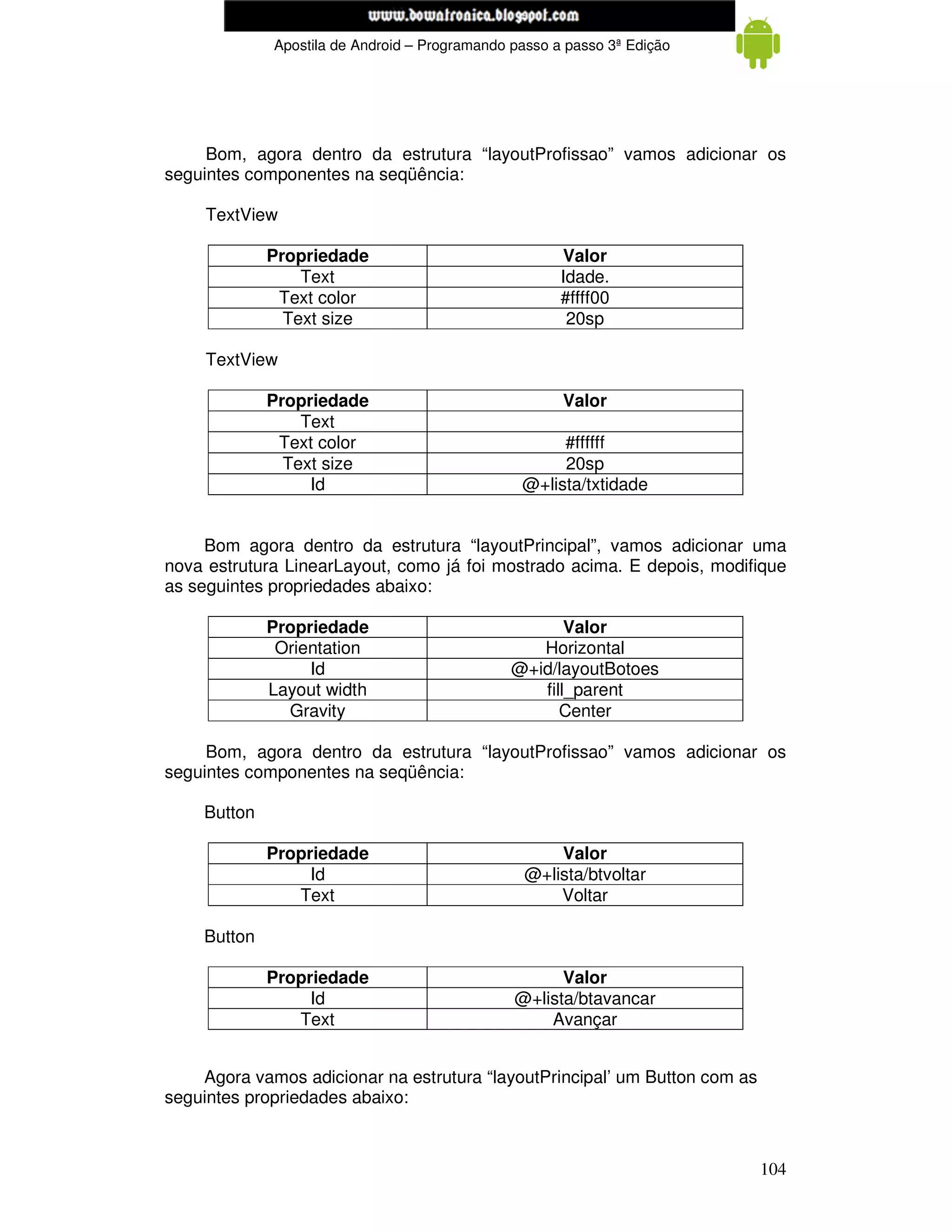 www.mecatronicadegaragem.blogspot.com
             Apostila de Android – Programando passo a passo 3ª Edição




     Bom, agora dentro da estrutura “layoutProfissao” vamos adicionar os
seguintes componentes na seqüência:

     TextView

             Propriedade                              Valor
                 Text                                 Idade.
              Text color                              #ffff00
               Text size                               20sp

     TextView

             Propriedade                              Valor
                 Text
              Text color                             #ffffff
               Text size                             20sp
                  Id                            @+lista/txtidade


     Bom agora dentro da estrutura “layoutPrincipal”, vamos adicionar uma
nova estrutura LinearLayout, como já foi mostrado acima. E depois, modifique
as seguintes propriedades abaixo:

             Propriedade                              Valor
              Orientation                         Horizontal
                  Id                           @+id/layoutBotoes
             Layout width                         fill_parent
               Gravity                               Center

     Bom, agora dentro da estrutura “layoutProfissao” vamos adicionar os
seguintes componentes na seqüência:

    Button

             Propriedade                             Valor
                  Id                             @+lista/btvoltar
                Text                                 Voltar

    Button

             Propriedade                             Valor
                  Id                           @+lista/btavancar
                Text                               Avançar


    Agora vamos adicionar na estrutura “layoutPrincipal’ um Button com as
seguintes propriedades abaixo:



                                                                            104
 