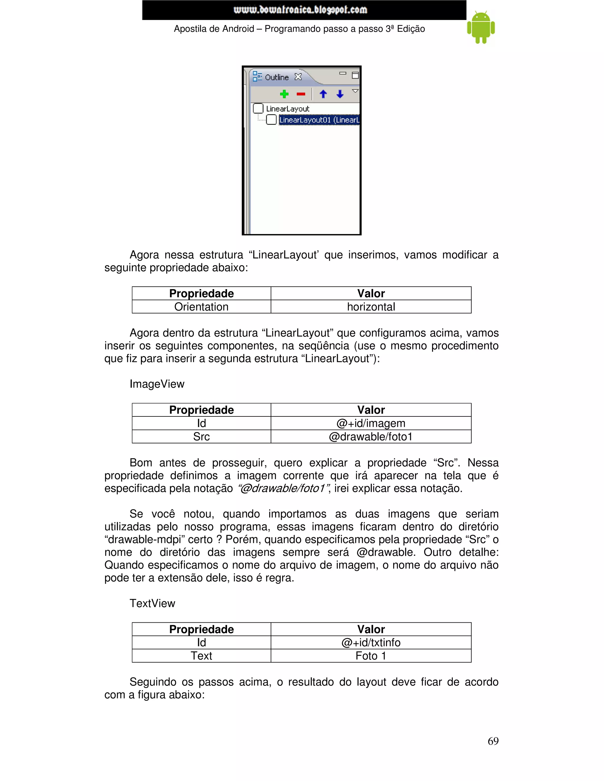 www.mecatronicadegaragem.blogspot.com
             Apostila de Android – Programando passo a passo 3ª Edição




    Agora nessa estrutura “LinearLayout’ que inserimos, vamos modificar a
seguinte propriedade abaixo:

            Propriedade                               Valor
             Orientation                            horizontal

     Agora dentro da estrutura “LinearLayout” que configuramos acima, vamos
inserir os seguintes componentes, na seqüência (use o mesmo procedimento
que fiz para inserir a segunda estrutura “LinearLayout”):

    ImageView

            Propriedade                             Valor
                 Id                              @+id/imagem
                Src                             @drawable/foto1

     Bom antes de prosseguir, quero explicar a propriedade “Src”. Nessa
propriedade definimos a imagem corrente que irá aparecer na tela que é
especificada pela notação “@drawable/foto1”, irei explicar essa notação.

      Se você notou, quando importamos as duas imagens que seriam
utilizadas pelo nosso programa, essas imagens ficaram dentro do diretório
“drawable-mdpi” certo ? Porém, quando especificamos pela propriedade “Src” o
nome do diretório das imagens sempre será @drawable. Outro detalhe:
Quando especificamos o nome do arquivo de imagem, o nome do arquivo não
pode ter a extensão dele, isso é regra.

    TextView

            Propriedade                              Valor
                 Id                                @+id/txtinfo
               Text                                 Foto 1

    Seguindo os passos acima, o resultado do layout deve ficar de acordo
com a figura abaixo:



                                                                         69
 