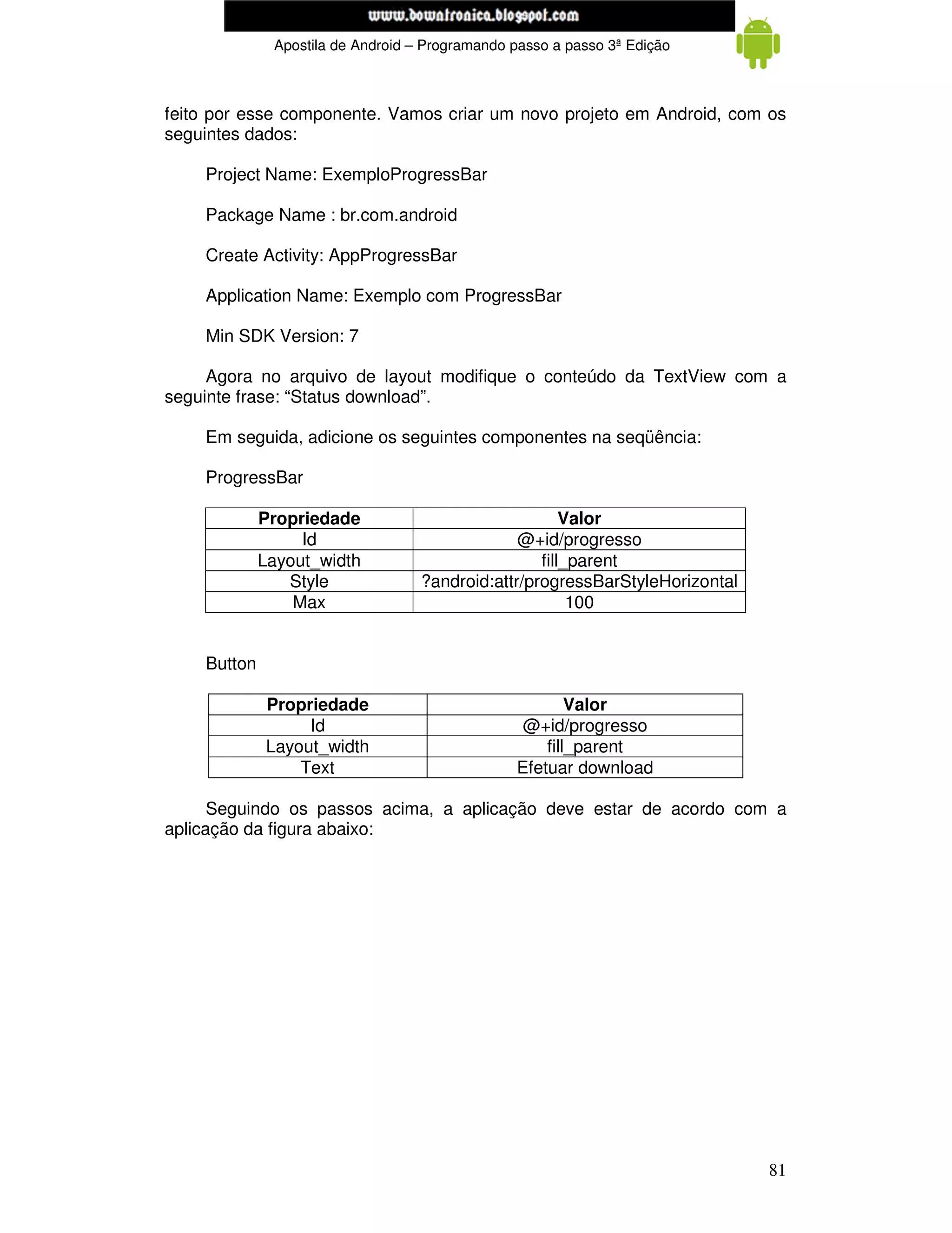 www.mecatronicadegaragem.blogspot.com
              Apostila de Android – Programando passo a passo 3ª Edição



feito por esse componente. Vamos criar um novo projeto em Android, com os
seguintes dados:

    Project Name: ExemploProgressBar

    Package Name : br.com.android

    Create Activity: AppProgressBar

    Application Name: Exemplo com ProgressBar

    Min SDK Version: 7

     Agora no arquivo de layout modifique o conteúdo da TextView com a
seguinte frase: “Status download”.

    Em seguida, adicione os seguintes componentes na seqüência:

    ProgressBar

             Propriedade                               Valor
                  Id                            @+id/progresso
             Layout_width                          fill_parent
                Style              ?android:attr/progressBarStyleHorizontal
                 Max                                    100


    Button

             Propriedade                                Valor
                  Id                             @+id/progresso
             Layout_width                           fill_parent
                 Text                           Efetuar download

      Seguindo os passos acima, a aplicação deve estar de acordo com a
aplicação da figura abaixo:




                                                                              81
 