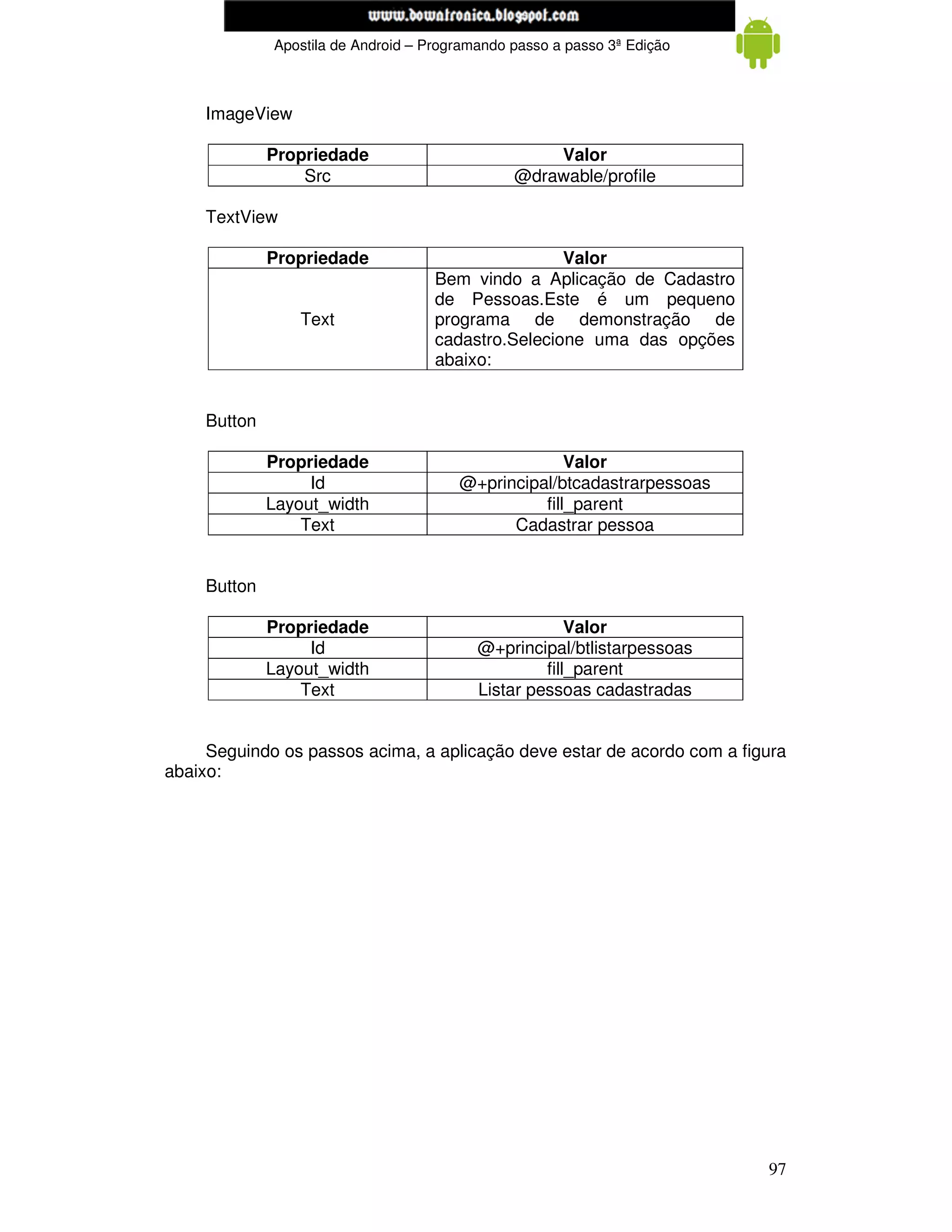 www.mecatronicadegaragem.blogspot.com
              Apostila de Android – Programando passo a passo 3ª Edição



     ImageView

              Propriedade                           Valor
                  Src                           @drawable/profile

     TextView

              Propriedade                            Valor
                                     Bem vindo a Aplicação de Cadastro
                                     de Pessoas.Este é um pequeno
                  Text               programa de demonstração de
                                     cadastro.Selecione uma das opções
                                     abaixo:


     Button

              Propriedade                             Valor
                   Id                   @+principal/btcadastrarpessoas
              Layout_width                        fill_parent
                  Text                        Cadastrar pessoa


     Button

              Propriedade                               Valor
                   Id                      @+principal/btlistarpessoas
              Layout_width                          fill_parent
                  Text                     Listar pessoas cadastradas


     Seguindo os passos acima, a aplicação deve estar de acordo com a figura
abaixo:




                                                                          97
 