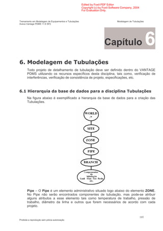 Edited by Foxit PDF Editor
                                                        Copyright (c) by Foxit Software Company, 2004
                                                        For Evaluation Only.


Treinamento em Modelagem de Equipamentos e Tubulações                              Modelagem de Tubulações
Aveva Vantage PDMS 11.6 SP2




                                                                         Capítulo                             6
       Todo projeto de detalhamento de tubulação deve ser definido dentro do VANTAGE
       PDMS utilizando os recursos específicos desta disciplina, tais como, verificação de
       interferências, verificação de consistência de projeto, especificações, etc.



       9                                                                       (
       Na figura abaixo é exemplificado a hierarquia da base de dados para a criação das
       Tubulações.




       Pipe – O Pipe é um elemento administrativo situado logo abaixo do elemento ZONE.
       No Pipe não serão encontrados componentes de tubulação, mas pode-se atribuir
       alguns atributos a esse elemento tais como temperatura de trabalho, pressão de
       trabalho, diâmetro da linha e outros que forem necessários de acordo com cada
       projeto.


                                                                                                        105
Proibida a reprodução sem prévia autorização
 