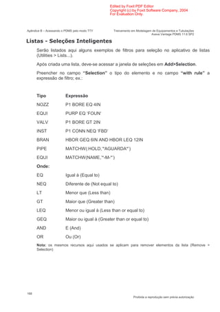 Edited by Foxit PDF Editor
                                                Copyright (c) by Foxit Software Company, 2004
                                                For Evaluation Only.



Apêndice B – Acessando o PDMS pelo modo TTY       Treinamento em Modelagem de Equipamentos e Tubulações
                                                                          Aveva Vantage PDMS 11.6 SP2

E          F                    "
      Serão listados aqui alguns exemplos de filtros para seleção no aplicativo de listas
      (Utilities > Lists...).
      Após criada uma lista, deve-se acessar a janela de seleções em Add>Selection.
      Preencher no campo “Selection” o tipo do elemento e no campo “with rule” a
      expressão de filtro; ex.:


      Tipo               Expressão
      NOZZ               P1 BORE EQ 4IN
      EQUI               PURP EQ ‘FOUN‘
      VALV               P1 BORE GT 2IN
      INST               P1 CONN NEQ ‘FBD‘
      BRAN               HBOR GEQ 6IN AND HBOR LEQ 12IN
      PIPE               MATCHW(:HOLD,’*AGUARDA*’)
      EQUI               MATCHW(NAME,’*-M-*’)
      Onde:
      EQ                 Igual à (Equal to)
      NEQ                Diferente de (Not equal to)
      LT                 Menor que (Less than)
      GT                 Maior que (Greater than)
      LEQ                Menor ou igual à (Less than or equal to)
      GEQ                Maior ou igual à (Greater than or equal to)
      AND                E (And)
      OR                 Ou (Or)
      Nota: os mesmos recursos aqui usados se aplicam para remover elementos da lista (Remove >
      Selection)




168
                                                               Proibida a reprodução sem prévia autorização
 