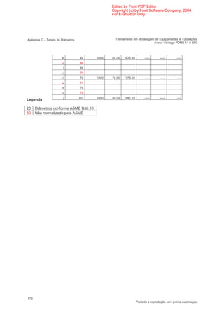 Edited by Foxit PDF Editor
                                                Copyright (c) by Foxit Software Company, 2004
                                                For Evaluation Only.




Apêndice C – Tabela de Diâmetros                  Treinamento em Modelagem de Equipamentos e Tubulações
                                                                          Aveva Vantage PDMS 11.6 SP2




                       K           64    1600   64.00   1625.60         -----     ------       ----
                       u           66
                        l          68
                       v           70
                       m           72    1800   72.00   1778.00         -----     ------       ----
                       w           74
                       n           76
                       x           78
                        j          80"   2000   80.00   1981.20         -----     ------       ----
Legenda

20    Diâmetros conforme ASME B36.10
50    Não normalizado pela ASME




170
                                                                  Proibida a reprodução sem prévia autorização
 