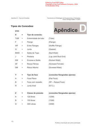 Edited by Foxit PDF Editor
                                                Copyright (c) by Foxit Software Company, 2004
                                                For Evaluation Only.




Apêndice D – Tipos de Conexões                    Treinamento em Modelagem de Equipamentos e Tubulações
                                                                          Aveva Vantage PDMS 11.6 SP2




      XYZ:
      X          =
                           >


                          Tipo de conexão:
                                                            Apêndice                                     D
      TUB        =        Extremidade de tubo       (Tube)
      F          =        Flange                    (Flange)
      WF         =        Entre Flanges             (Waffle Fittings)
      G          =        Junta                     (Gasket)
      BWD        =        Solda de Topo             (Butt Weld)
      J          =        Pestana                   (Lap Joint Stub End)
      SW         =        Encaixe e Solda           (Socket Weld)
      SF         =        Rosca Fêmea               (Screwed Female)
      SM         =        Rosca Macho               (Screwed Male)


      Y          =        Tipo de face              (conexões flangeadas apenas)
      A          =        Face Plana                (Flat Face)
      B          =        Face com ressalto         (RF – Raised Face)
      R          =        Junta Anel                (R.TJ.)


      Z          =        Classe de pressão         (conexões flangeadas apenas)
      A          =        125 libras                (125#)
      B          =        150 libras                (150#)
      D          =        300 Libras                (300#)




172
                                                               Proibida a reprodução sem prévia autorização
 