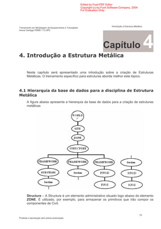 Edited by Foxit PDF Editor
                                                        Copyright (c) by Foxit Software Company, 2004
                                                        For Evaluation Only.




                                                                                Introdução a Estrutura Metálica
Treinamento em Modelagem de Equipamentos e Tubulações
Aveva Vantage PDMS 11.6 SP2




- "
                                                                         Capítulo
                                                                              =(
                                                                                                                  4
       Neste capítulo será apresentado uma introdução sobre a criação de Estruturas
       Metálicas. O treinamento específico para estruturas aborda melhor este tópico.



-      9                                                                        (
       =(
       A figura abaixo apresenta a hierarquia da base de dados para a criação de estruturas
       metálicas




       Structure – A Structure é um elemento administrativo situado logo abaixo do elemento
       ZONE. É utilizado, por exemplo, para armazenar os primitivos que irão compor os
       componentes de Civil.


                                                                                                            79
Proibida a reprodução sem prévia autorização
 
